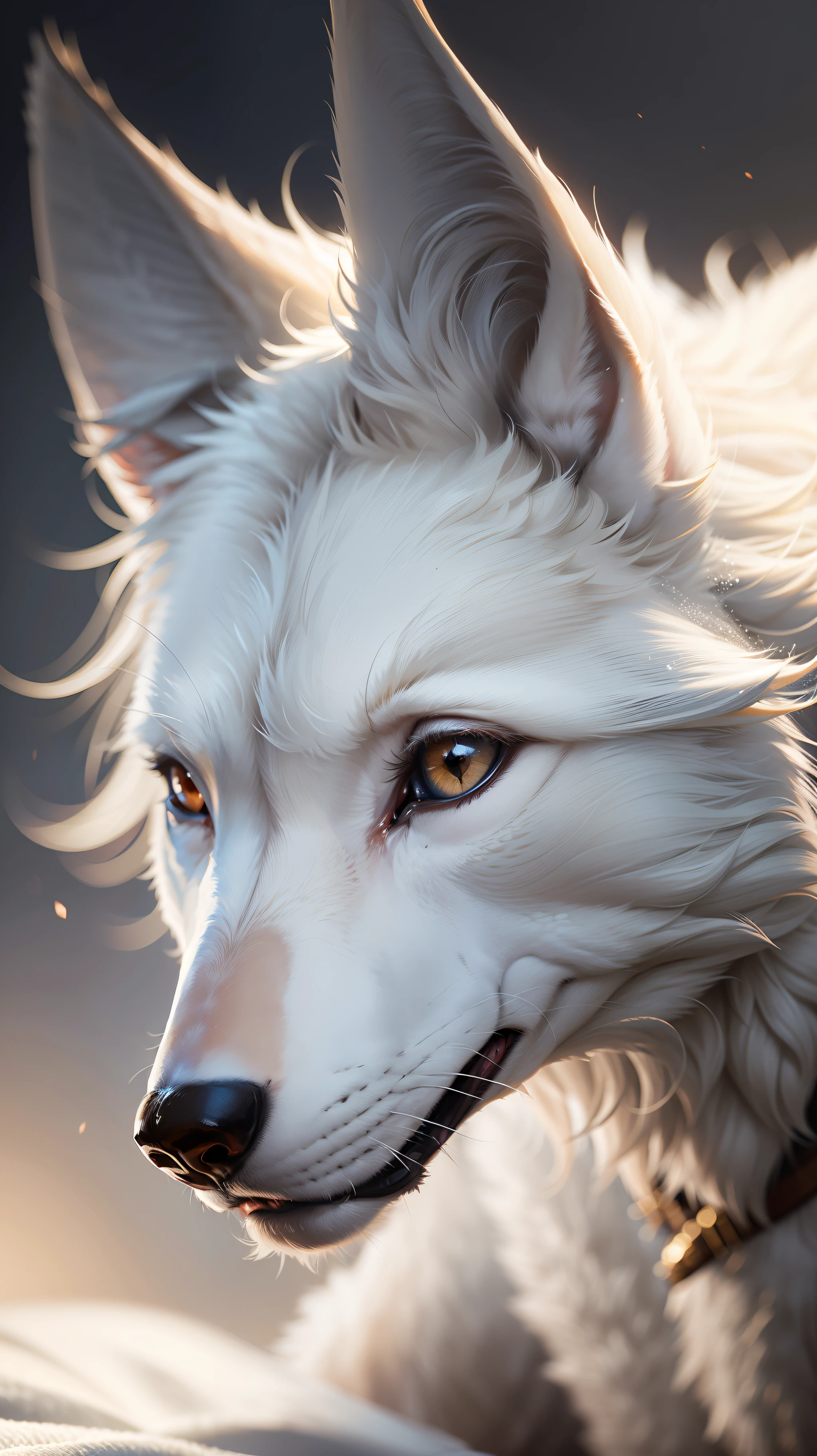 A white wolf, white wolf, realistic hair detail, close-up, 3d, hd wallpaper, 8k, bokeh --auto