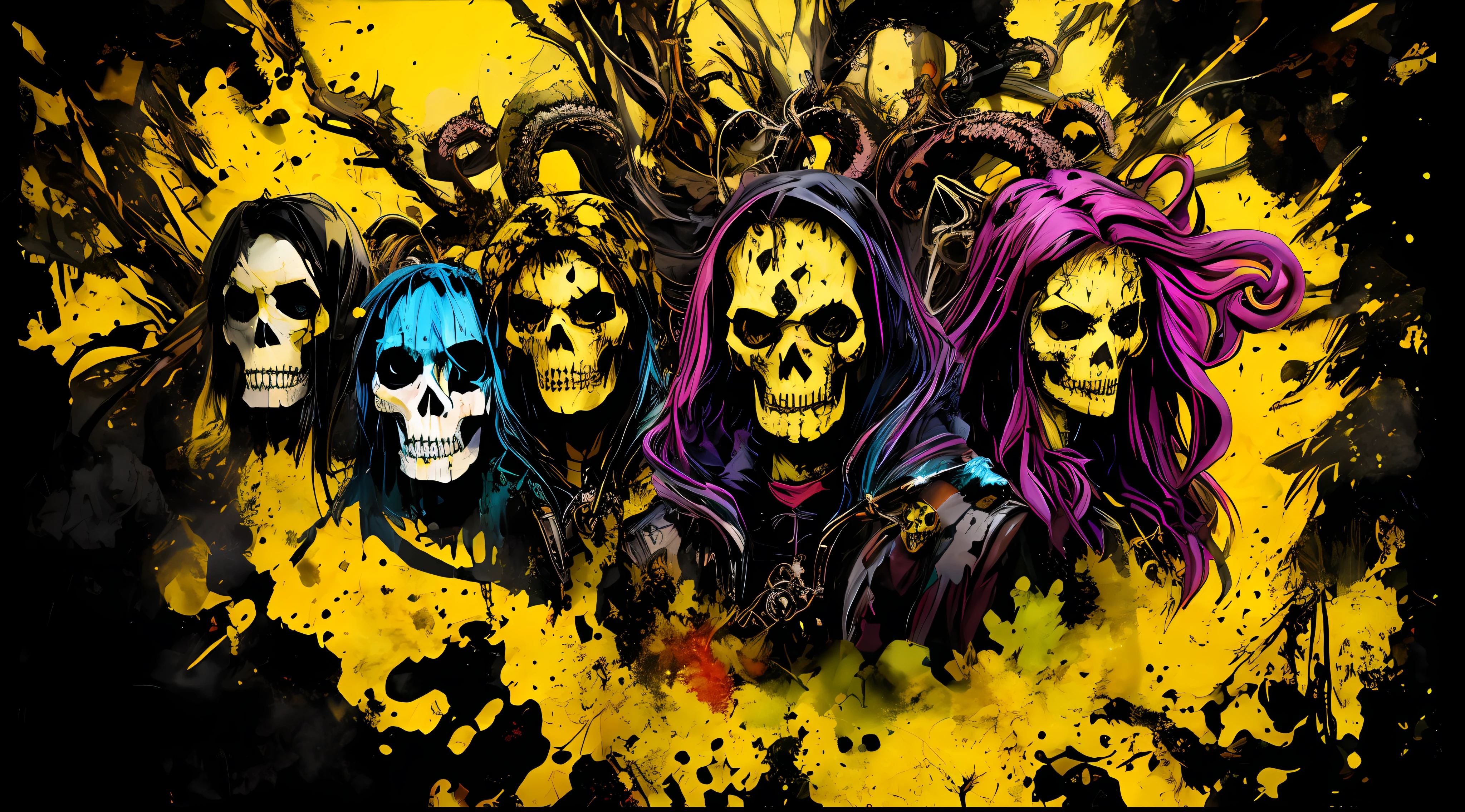 yellow and black, skulls faces with tentacles, in the style of Mork Borg, strong contrast, grunge dirty punk splash art, zine black metal, forest color splash background
