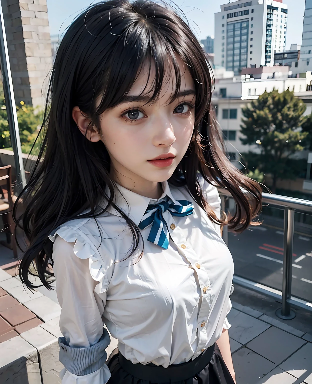 anime girl with long black hair and blue eyes standing on a balcony, anime moe artstyle, beautiful anime high school girl, anime style 4 k, smooth anime cg art, anime visual of a cute girl, portrait anime girl, beautiful anime girl, attractive anime girl, portrait of an anime girl, an anime girl, beautiful anime portrait, pretty anime girl