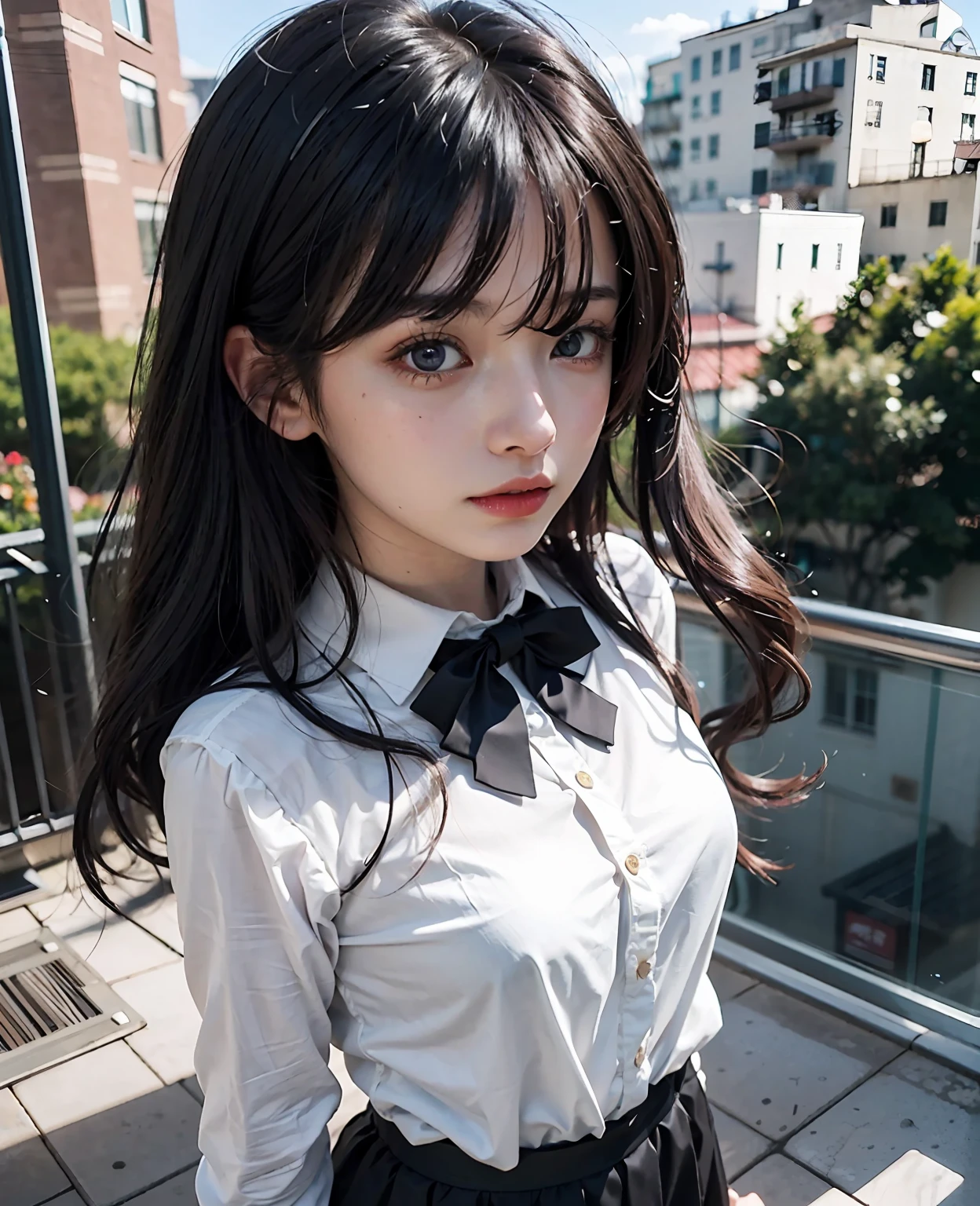 anime girl with long black hair and blue eyes standing on a balcony, anime moe artstyle, beautiful anime high school girl, anime style 4 k, smooth anime cg art, anime visual of a cute girl, portrait anime girl, beautiful anime girl, attractive anime girl, portrait of an anime girl, an anime girl, beautiful anime portrait, pretty anime girl