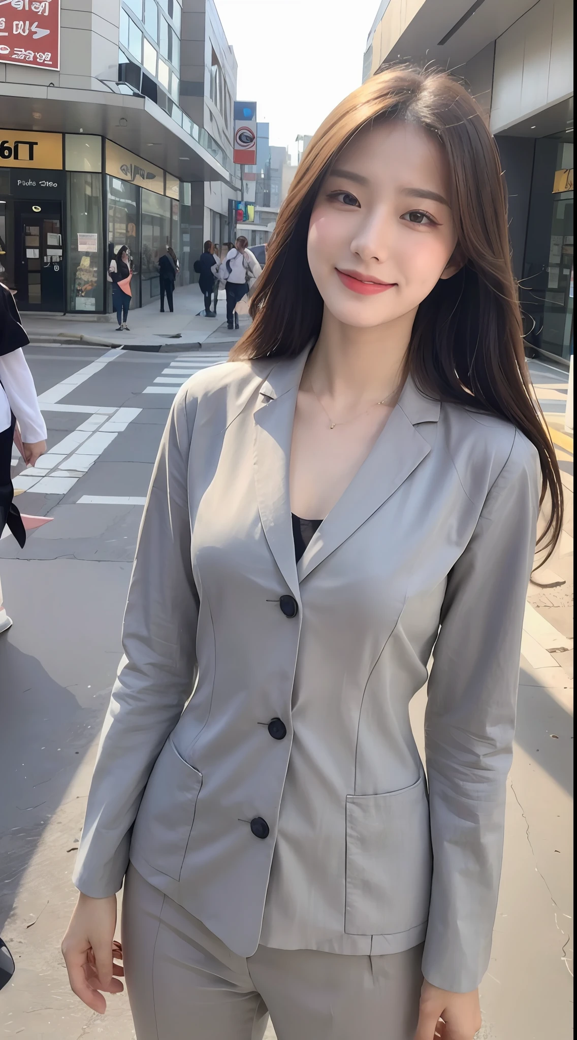 (1 Korean girl with royal sister style), ((best quality, 8k, masterpiece: 1.3)), perfect body beauty: 1.4, (smile), (Street: 1.3), highly detailed face and skin texture, fine eyes, double eyelids, whitened skin, (air bangs: 1.3), (round face: 1.5), (work suit: 1.4),