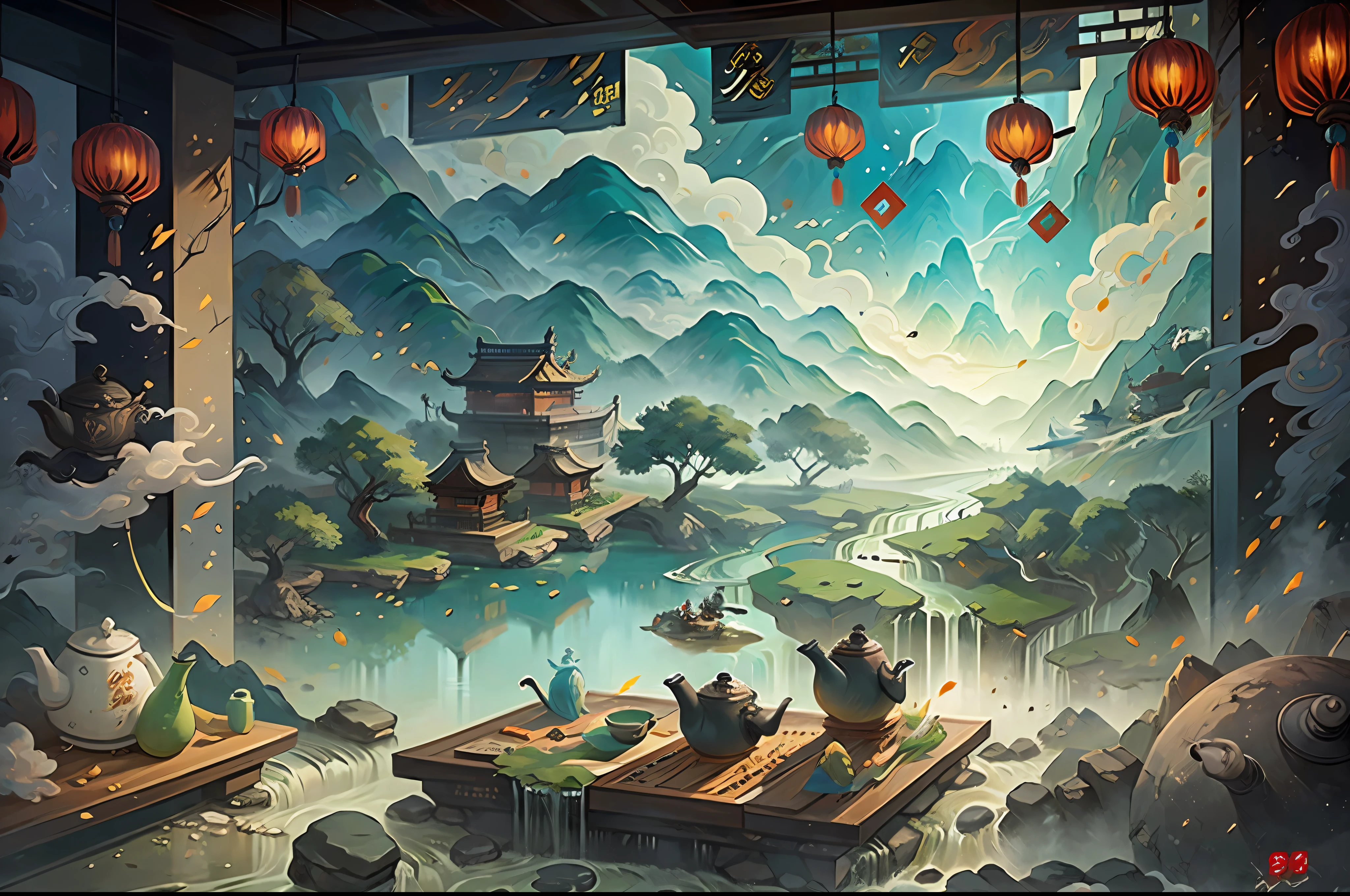 chinese wind mountains, river, auspicious clouds, cool teapot with ethnic culture,miao culture, someone has tea garden masterpiece, super detail, epic composition, high quality, extremely detailed, official art, unified 8k wallpaper, super detail, 32k --auto --s2