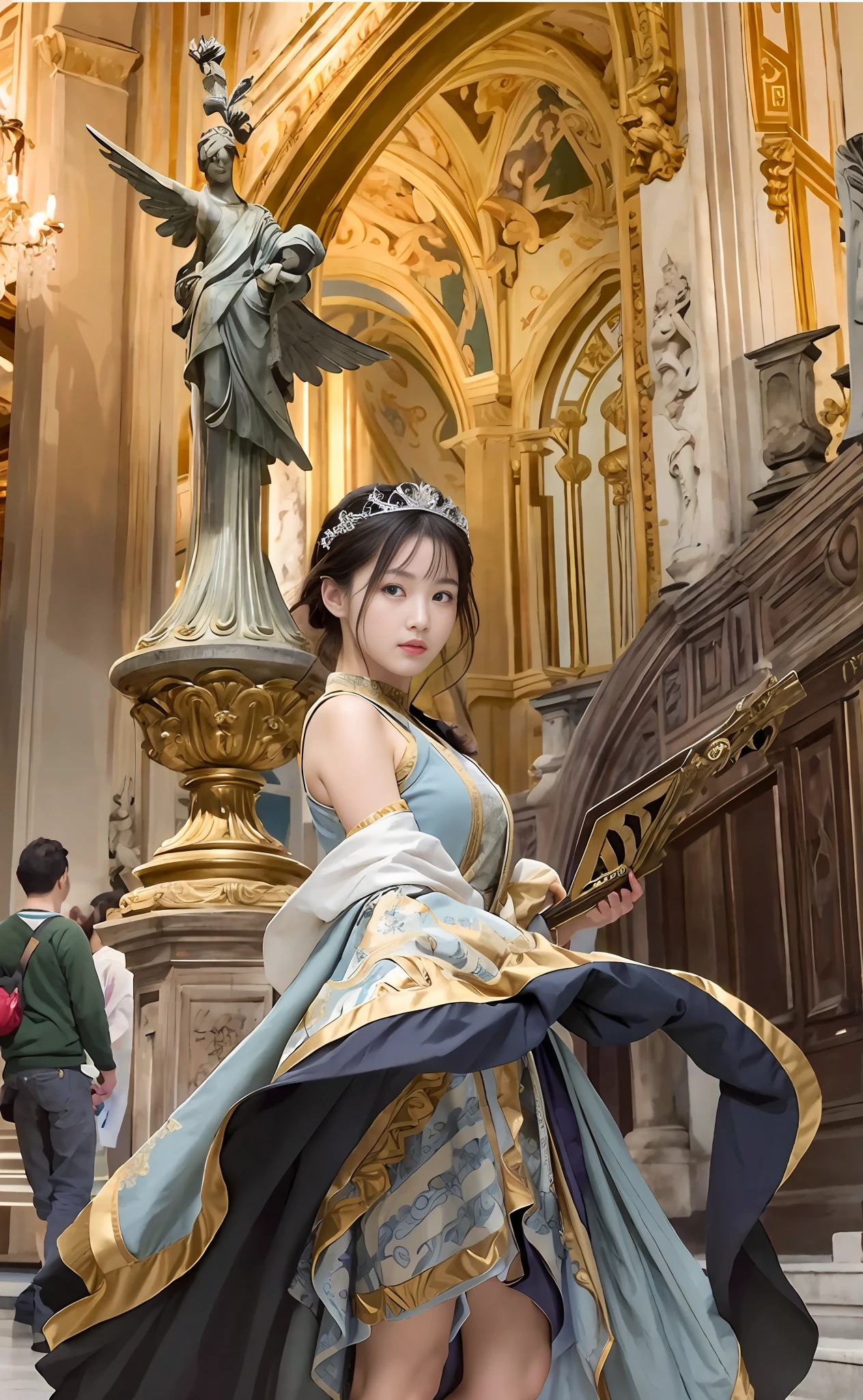 Model shooting style, (extremely detailed CG Unity 8k wallpaper), full-shot body photo of the most beautiful artwork in the world, stunning beautiful photo realistic available, super realistic super detailed photo, a beautiful girl as a female dancer entering the Loggia dei Lanzi of Florence,complex dress, banquet, crowd, [slight smile], (Sculpture of Hercules background), (princess eyes, shining pupils), detailed symmetrical beautiful hazel eyes, detailed gorgeous face, highly detailed, Vibrant, professional majestic oil painting by Ed Blinkey, Atey Ghailan, Studio Ghibli, Jeremy Mann, Greg Manchess, Antonio Moro, ArtStation Trends, CGSociety Trends, Complex, High Detail, Sharp Focus, Dramatic, Realistic Painting Art, by Midjourney and Greg Written by Rutkowski