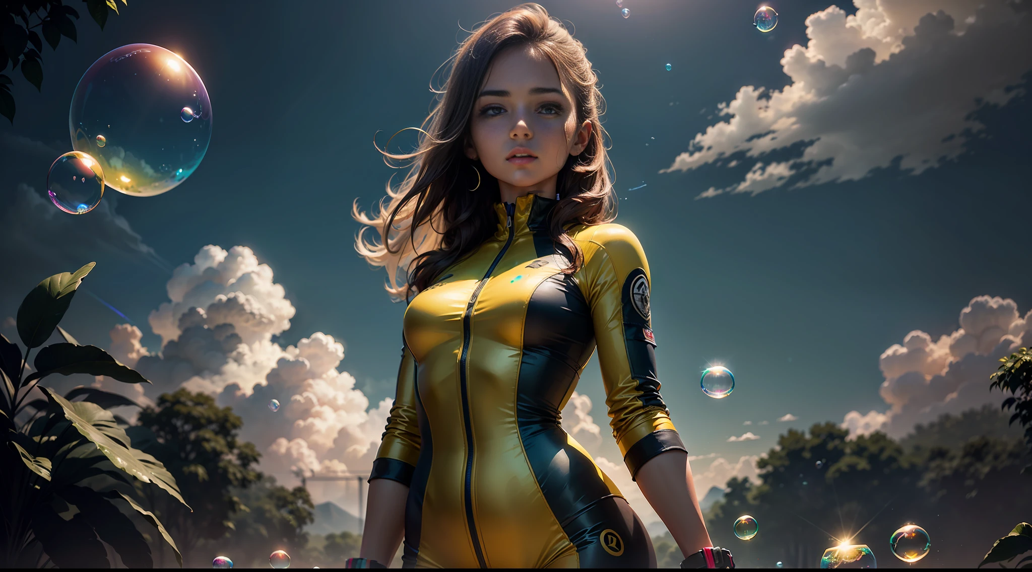 hd masterpiece, one standing woman looking at camera, detailed face, mid shot, golden suit, ((colorful clouds)) and (((neon soap bubbles))), jungles background