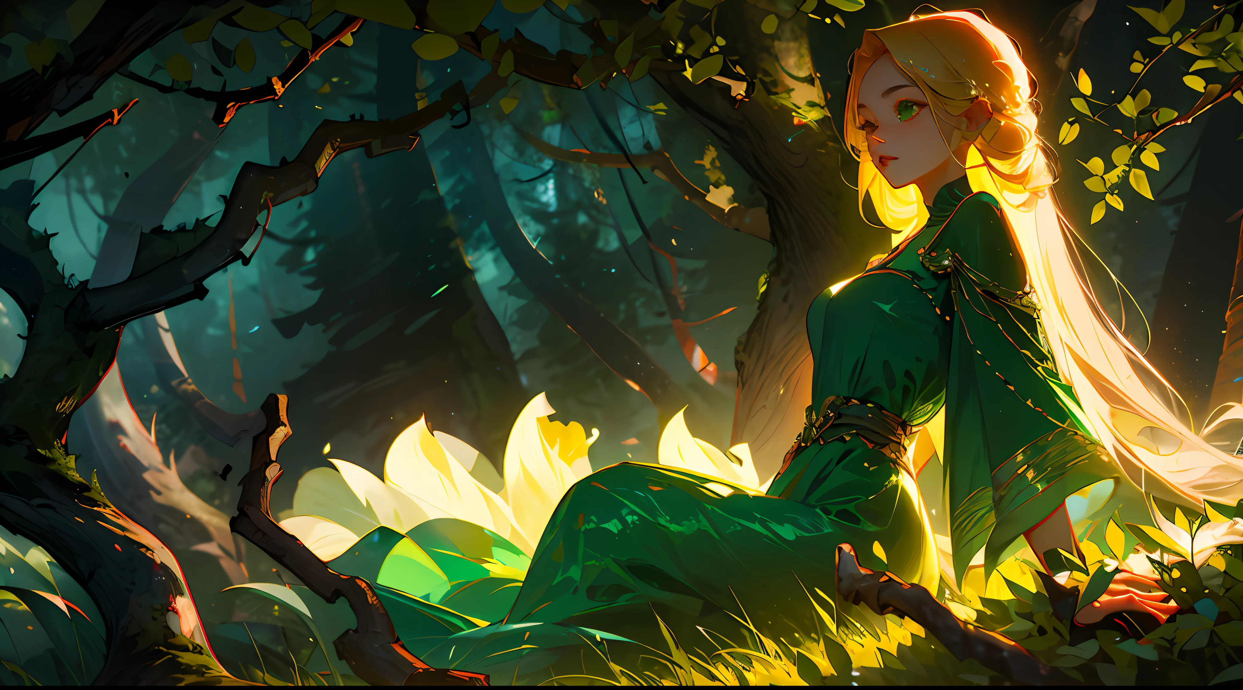 a sensual dryad woman, blonde wildly long hair, green short dress, mystical forest background, night, darkness