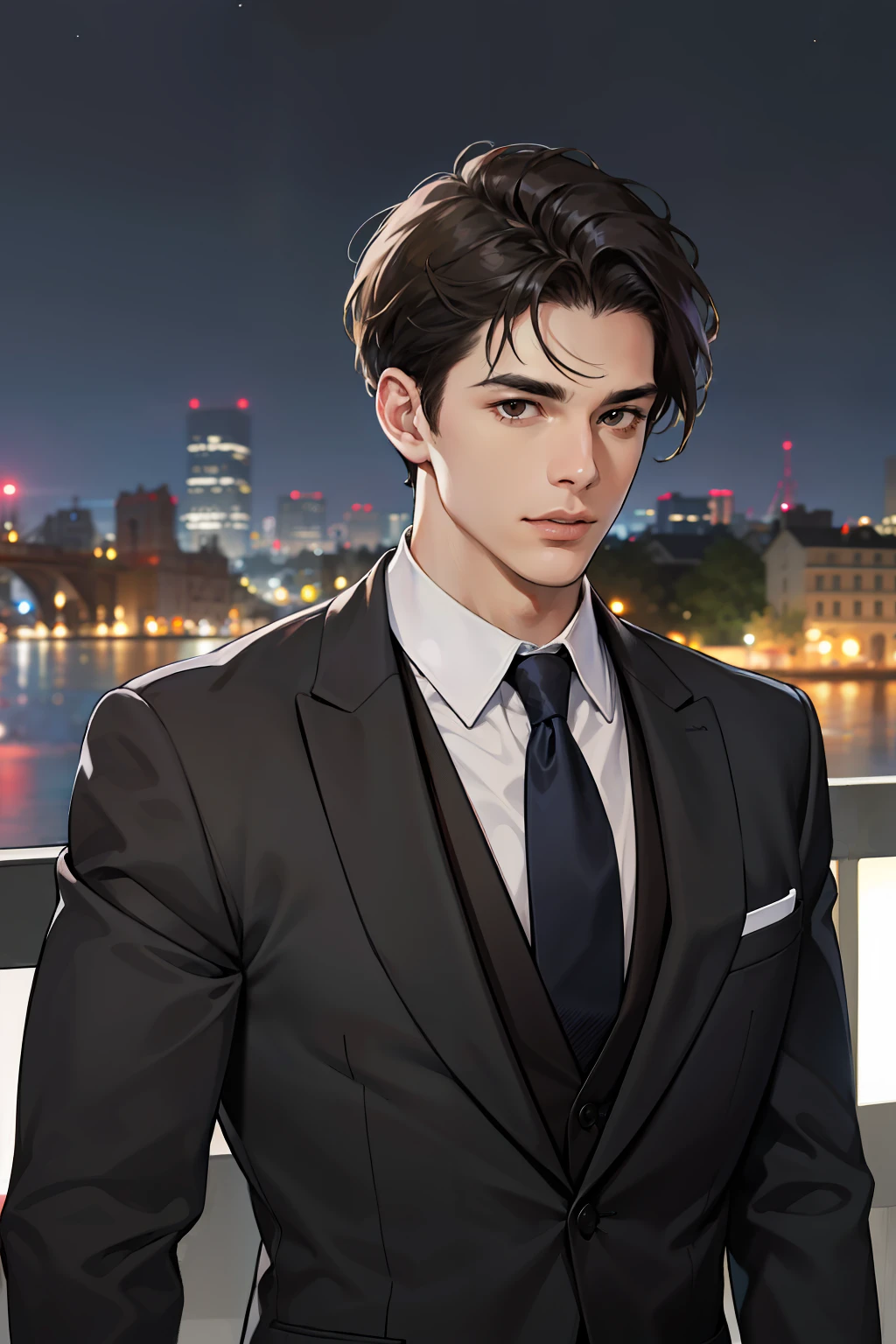 (absurdres, highres, ultra detailed, realistic, ), 1 male, solo, adult, mature, tall muscular guy, broad shoulders, handsome, very short hair, black hair, brown eyes, angular jaw, thick neck, thick eyebrows, night, dark, the night view of the city background, formal suit, necktie, upper body