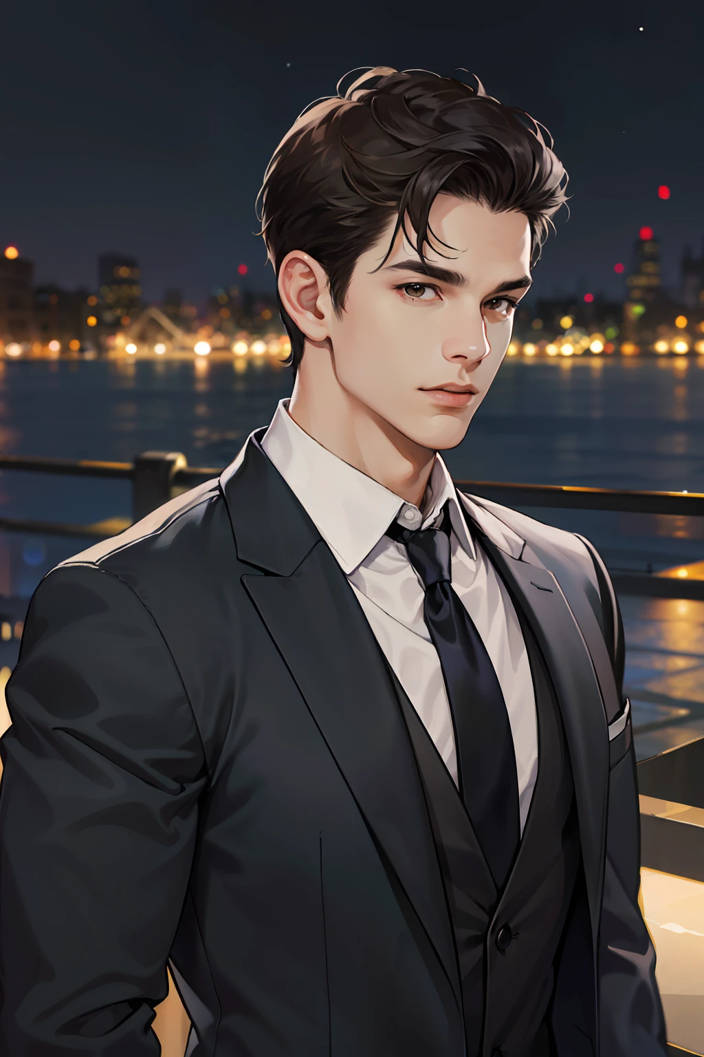 (absurdres, highres, ultra detailed, realistic, ), 1 male, solo, adult, mature, tall muscular guy, broad shoulders, handsome, very short hair, black hair, brown eyes, angular jaw, thick neck, thick eyebrows, night, dark, the night view of the city background, formal suit, necktie, upper body