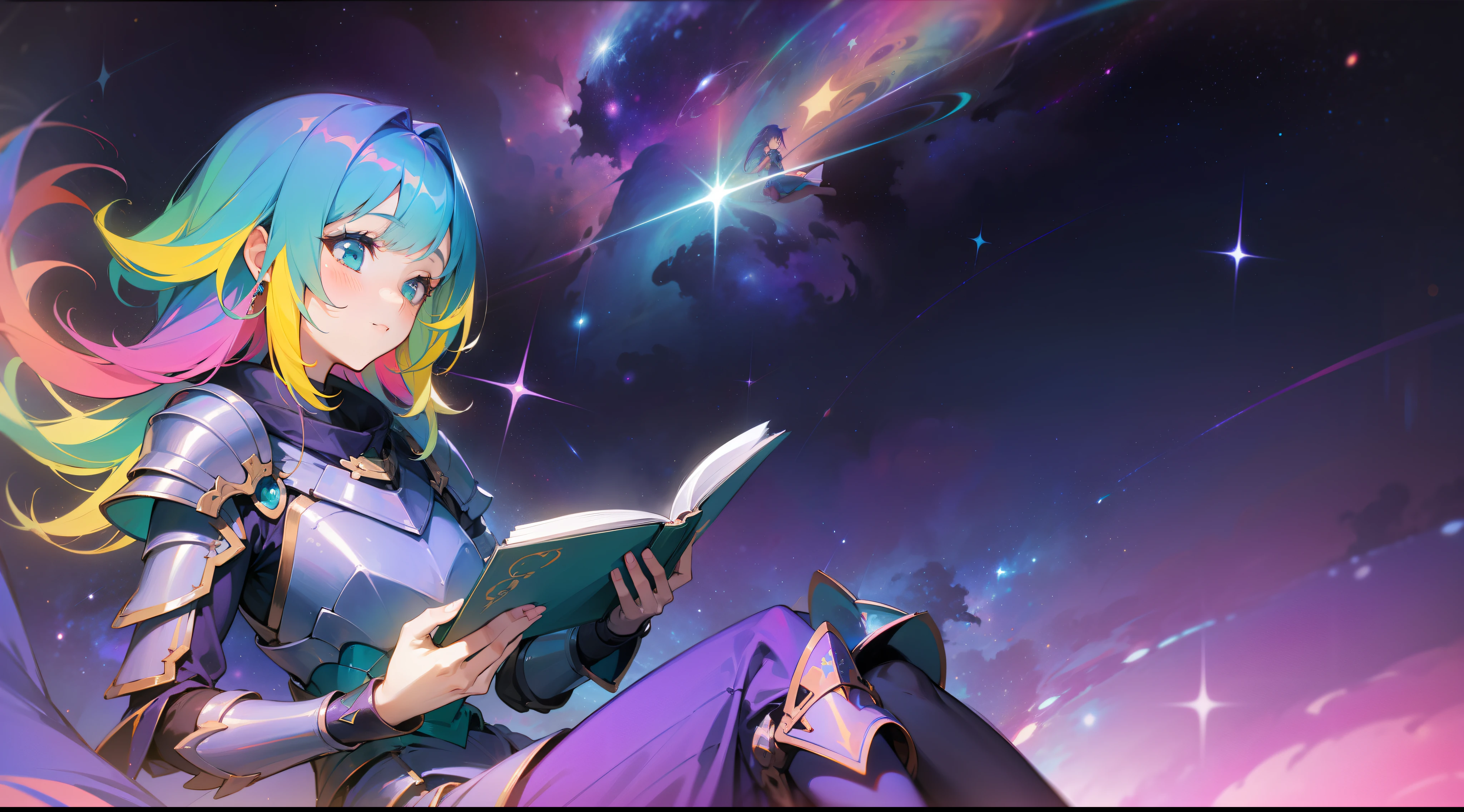 a beautiful woman with rainbow colored hair and teal dress armor, sitting in the stars and reading a colored shining book, rainbow colored cosmic nebula sky background, stars, galaxies
