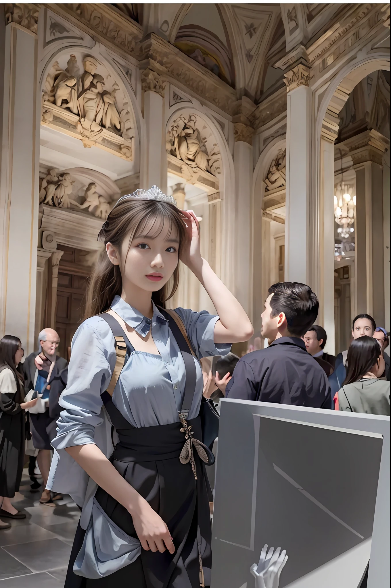 Model shooting style, (extremely detailed CG Unity 8k wallpaper), full-shot body photo of the most beautiful artwork in the world, stunning beautiful photo realistic available, super realistic super detailed photo, a beautiful girl as a female dancer entering the Loggia dei Lanzi of Florence,complex dress, banquet, crowd, [slight smile], (Sculpture of Hercules background), (princess eyes, shining pupils), detailed symmetrical beautiful hazel eyes, detailed gorgeous face, highly detailed, Vibrant, professional majestic oil painting by Ed Blinkey, Atey Ghailan, Studio Ghibli, Jeremy Mann, Greg Manchess, Antonio Moro, ArtStation Trends, CGSociety Trends, Complex, High Detail, Sharp Focus, Dramatic, Realistic Painting Art, by Midjourney and Greg Written by Rutkowski