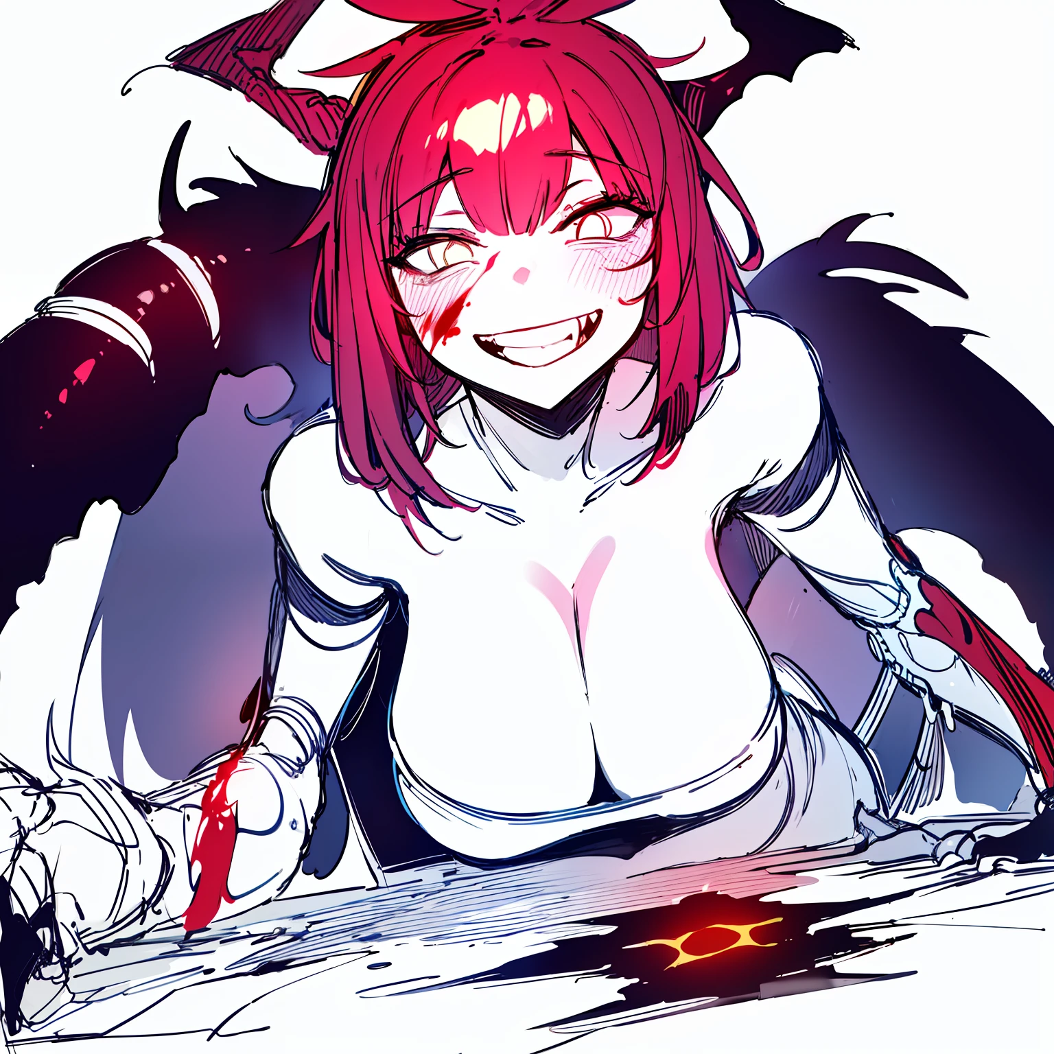 (best quality, masterpiece:1.3), (perfect details:1.1), 1girl, solo, simple background, large breasts,   red hair, AnatomicTech,blood vessels ,  monochrome, sketch, grin,   , fangs,  monster girl, shaded face,