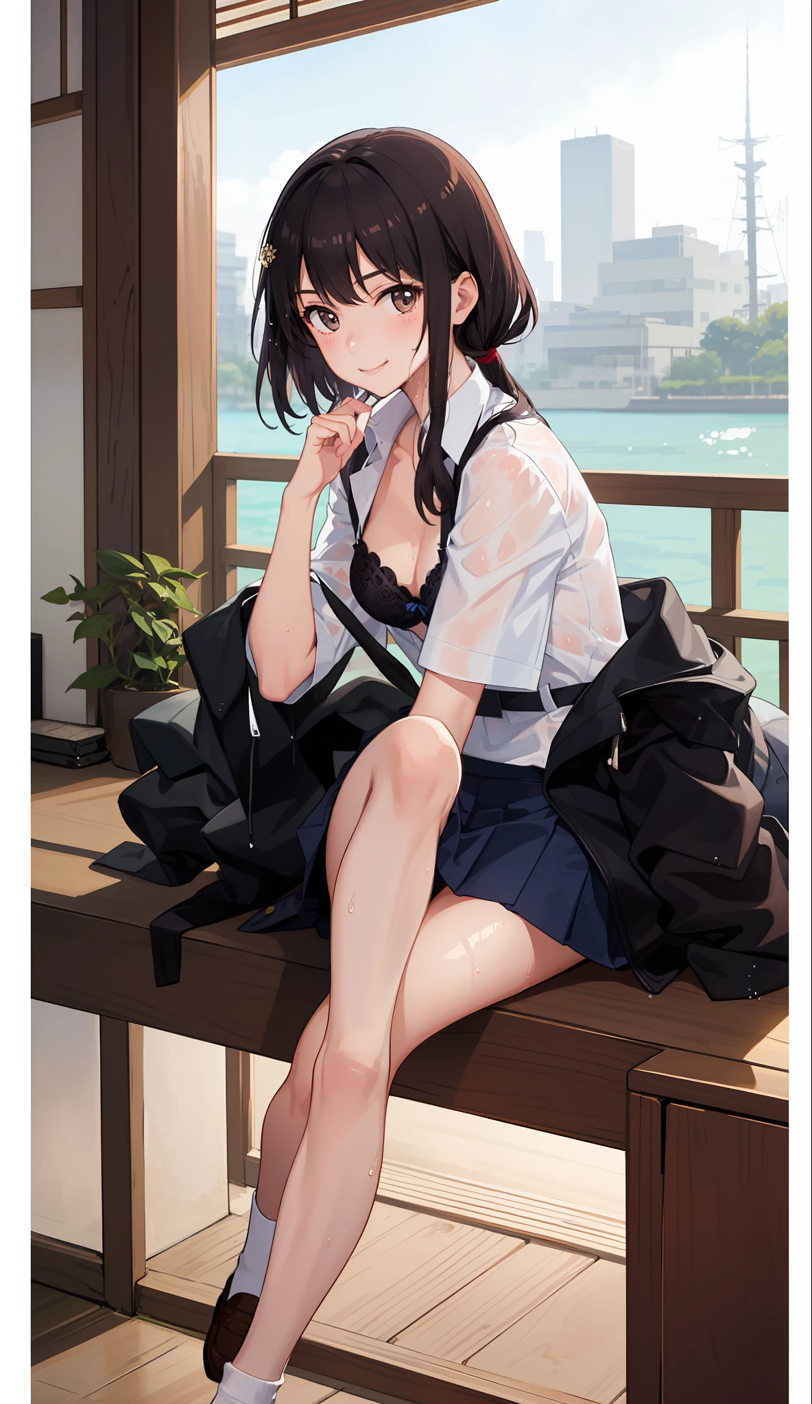 1 girl, smile, shirt, skirt, (small) chiralism, Japan high school school uniform, seravuk, summer clothes, squall-wet uniform, sheer bra, (portrait from knee up),