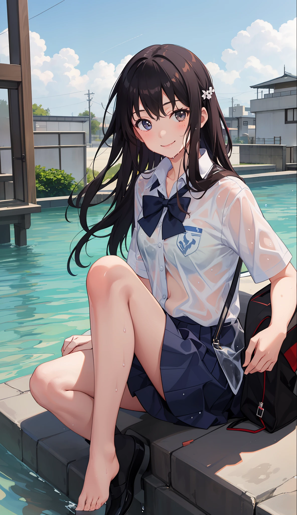 1 girl, smile, shirt, skirt, (small) chiralism, Japan high school school uniform, seravuk, summer clothes, squall-wet uniform, sheer bra, (portrait from knee up),