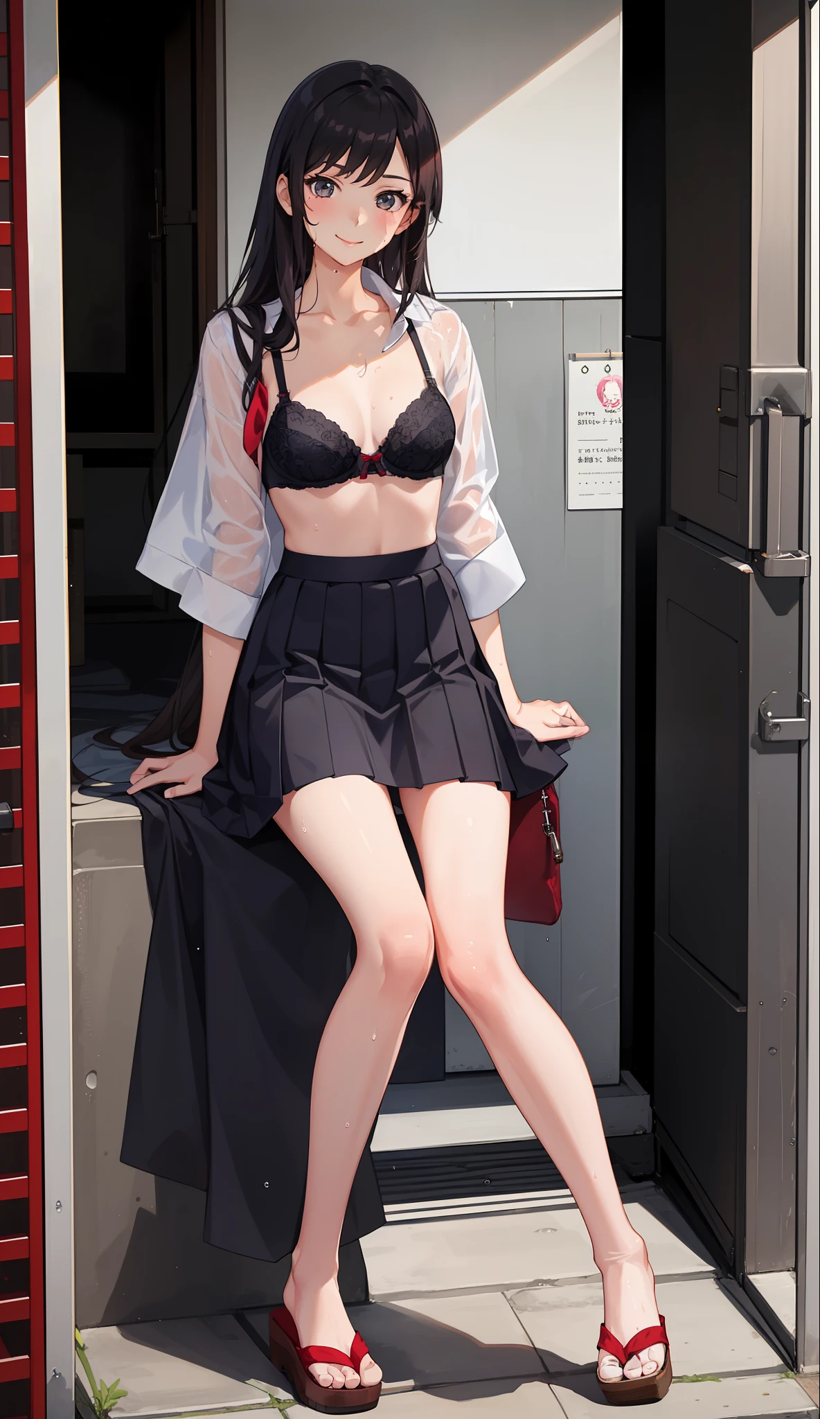 1 girl, smile, shirt, skirt, (small) chiralism, Japan high school school uniform, seravuk, summer clothes, squall-wet uniform, sheer bra, (portrait from knee up),