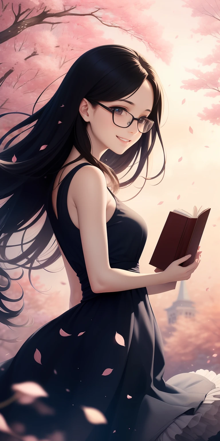 a picture of mse a beautiful woman,the most beautiful girl of agnes cecile, beautiful teacher,cheerful expression, beautiful black hair moved by the wind, tail hair,glasses, books in her hands,Sakura leaves in the air, dress moved by the wind,luminous design, pastel colors, ink drops, autumn lights,