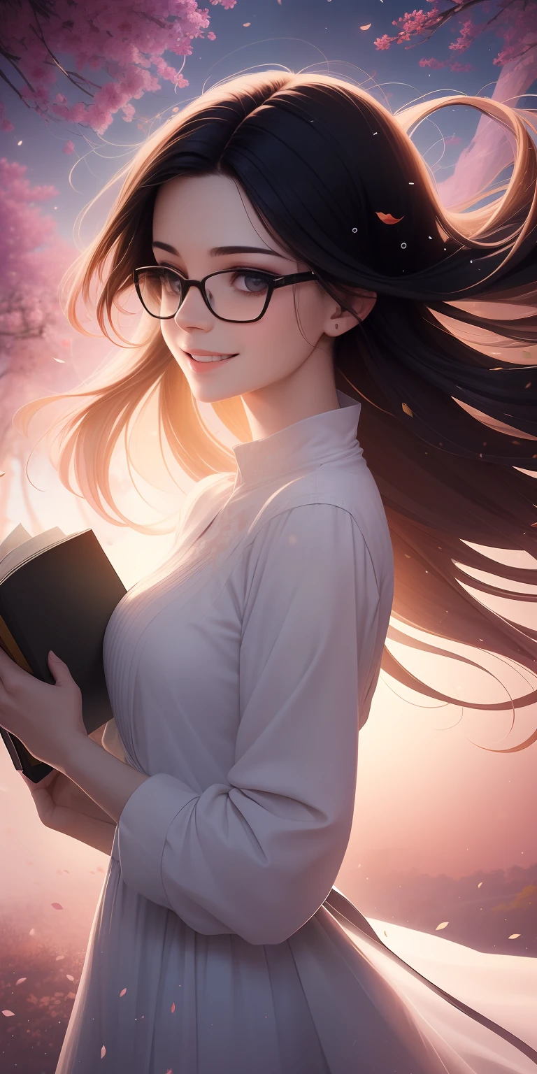 a picture of mse a beautiful woman,the most beautiful girl of agnes cecile, beautiful teacher,cheerful expression, beautiful black hair moved by the wind, tail hair,glasses, books in her hands,Sakura leaves in the air, dress moved by the wind,luminous design, pastel colors, ink drops, autumn lights,
