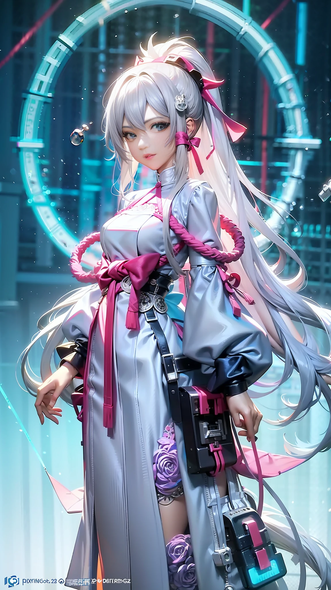 anime girl with long white hair and a blue dress, digital cyberpunk anime art, digital cyberpunk - anime art, rococo cyberpunk, detailed digital anime art, beautiful digital artwork, anime fantasy illustration, digital anime art, white haired deity, digital art on pixiv, digital anime illustration, advanced digital anime art, anime styled digital art, guweiz on pixiv artstation