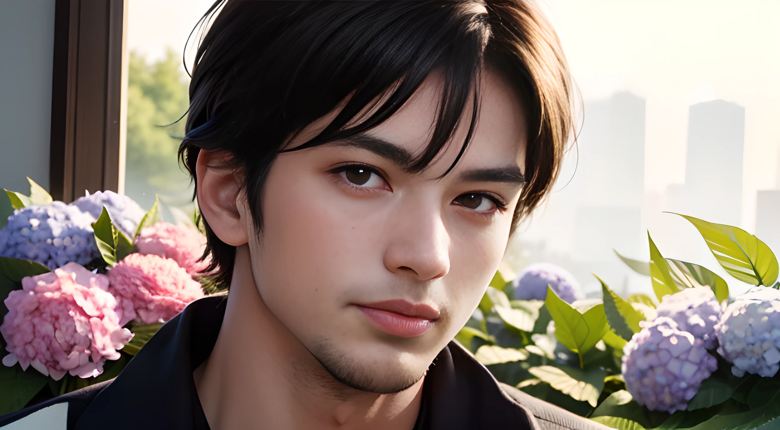(head shot), (one macho man), male, (American handsome muscular man in his 20's who resembles Chris Redfield from Resident Evil) , (short hair), (a lot of large pink hydrangeas in the Japanese garden), a lot of hydrangeas around his face, mischievous smile, (small details: 1 in 1), natural muscles, higher quality, beautiful eye, (Detailed face and eyes), (face、: 1 of 2), noise, real pictures、... ...PSD, Sharp Focus, High Resolution 8k, Real & Professional Photography, 8K UHD, Soft Lighting, High Quality, Film Grain, FUJIFILM XT3
