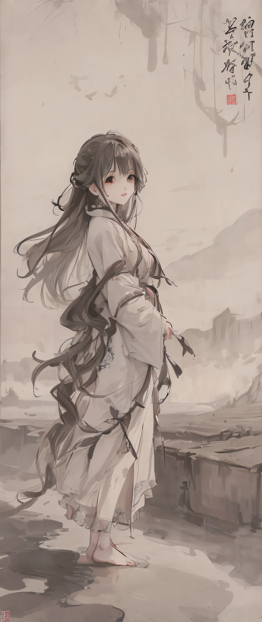 painting of a woman in a long dress standing on a cliff, flowing hair and long robes, by Yang J, beautiful character painting, palace ， a girl in hanfu, by Zeng Jing, guweiz, guweiz on pixiv artstation, by Zhou Fang, by Huang Shen, by Ye Xin, artwork in the style of guweiz