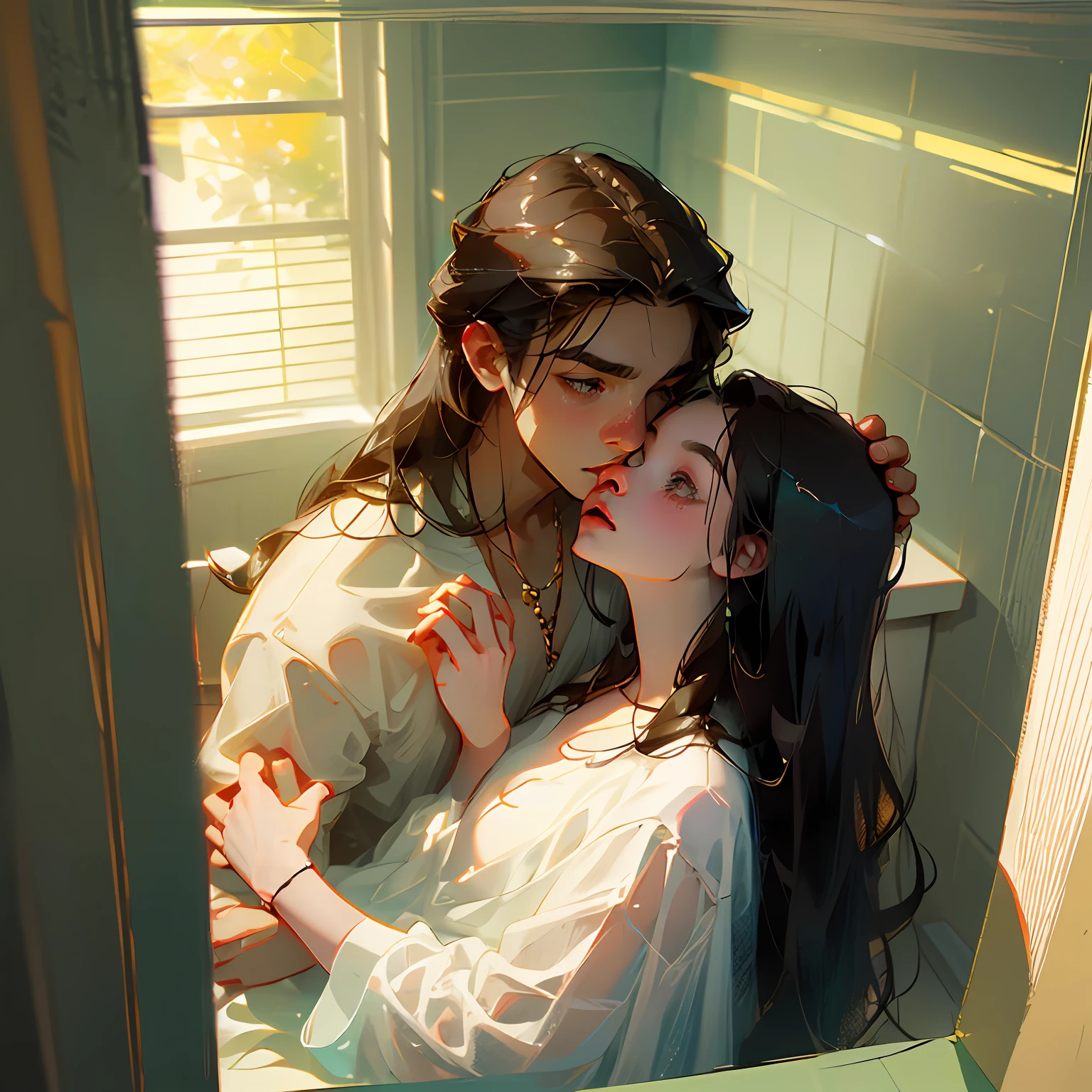 Beautiful girl and handsome boy, bathing in the bathroom, boy has muscles, boy holds girl kissing, boy touches girl's chest, girl is not wearing underwear, the shape of the chest is through, very plump --auto