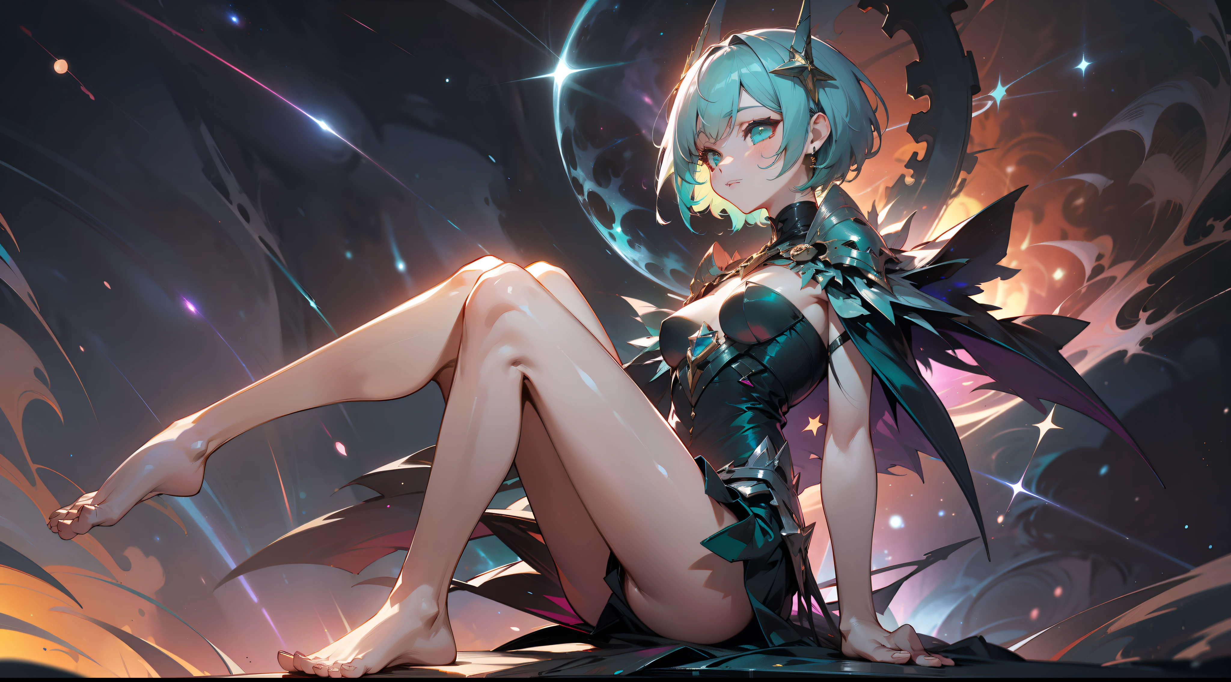 a beautiful woman, wildly colored short hair, dark fantasy, teal simple and short dress, barefoot, cosmic nebula background, stars, galaxies