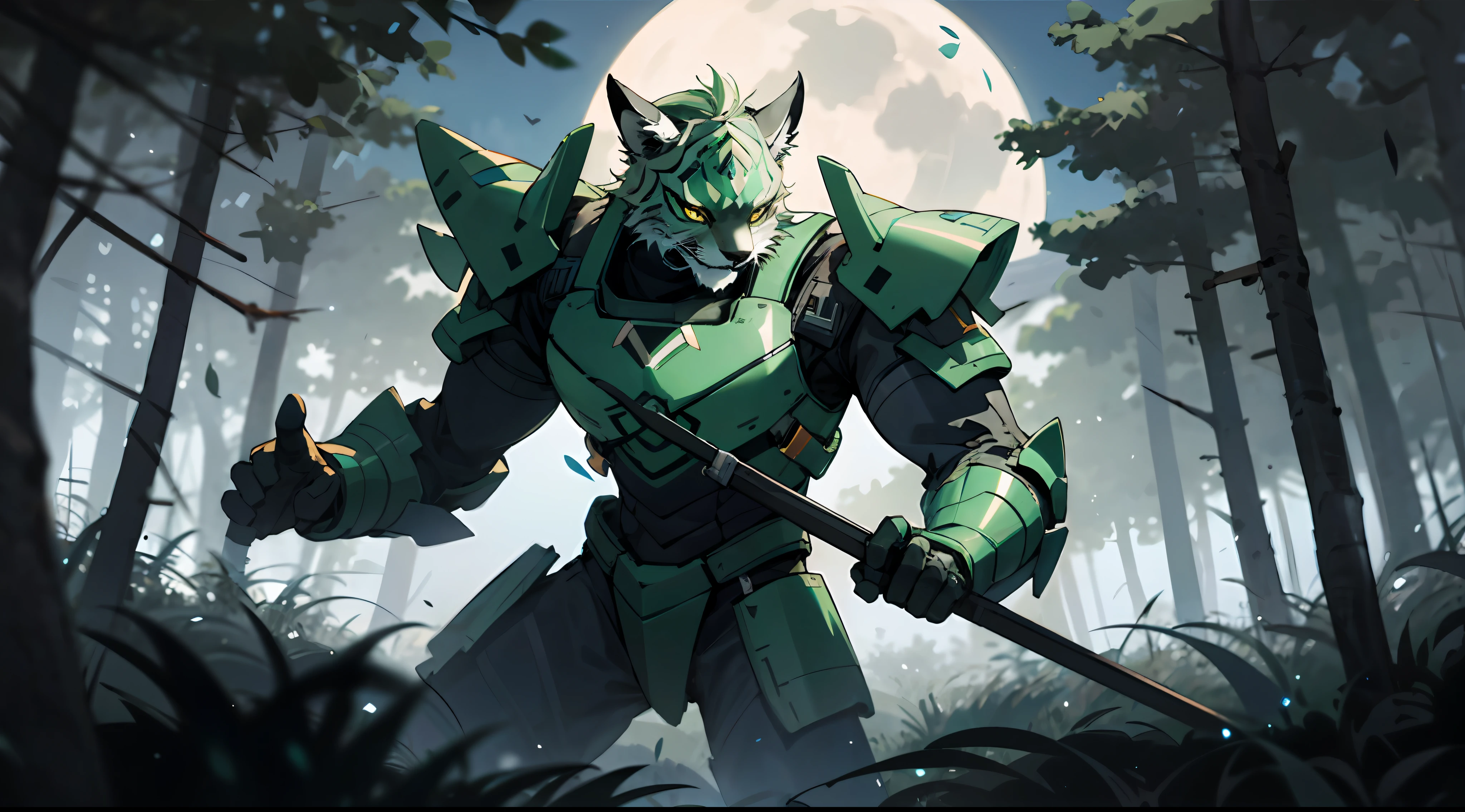 a giant lynx with green armor in a forest, night, moon