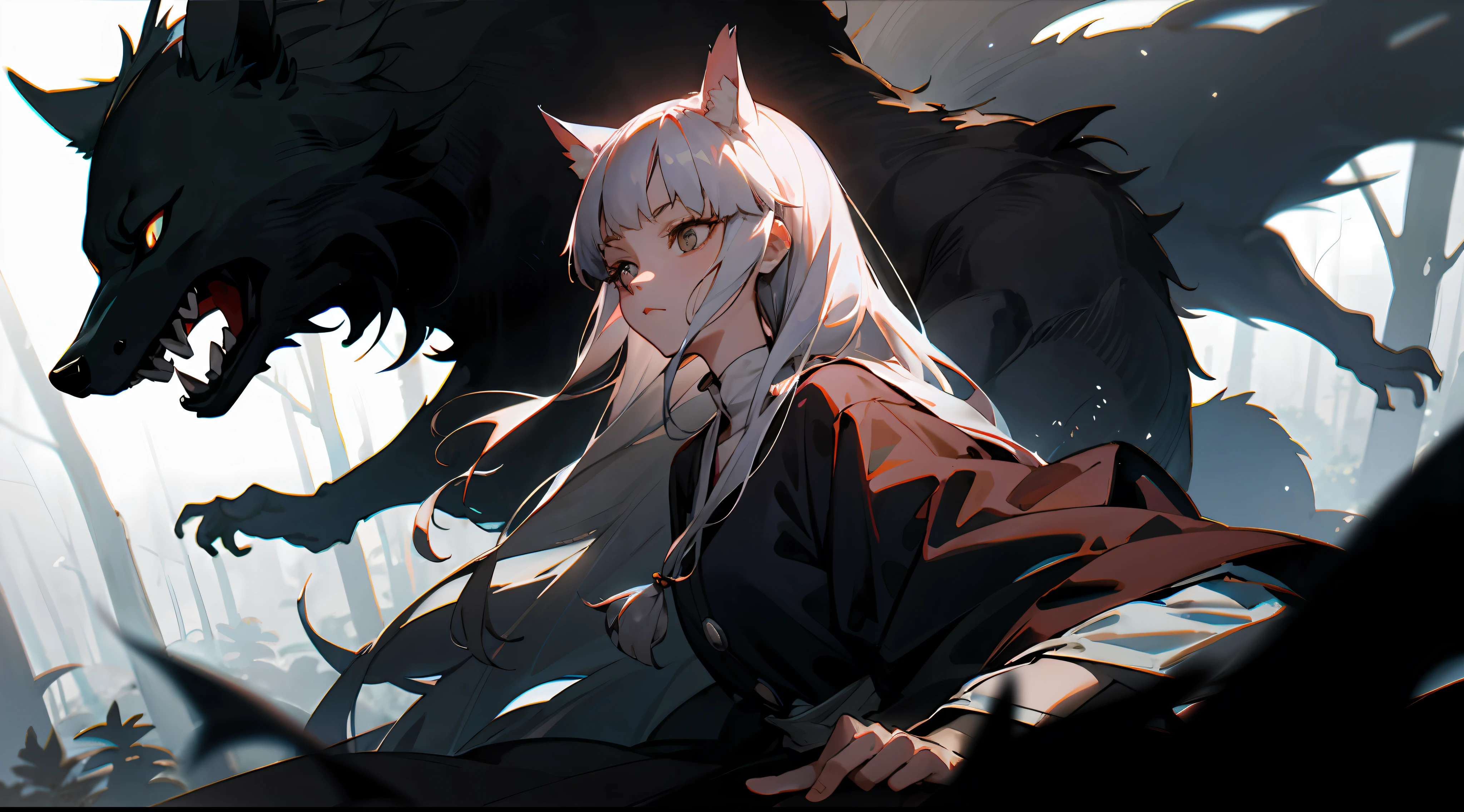 Mononoke hime with black wolves in a dark forest