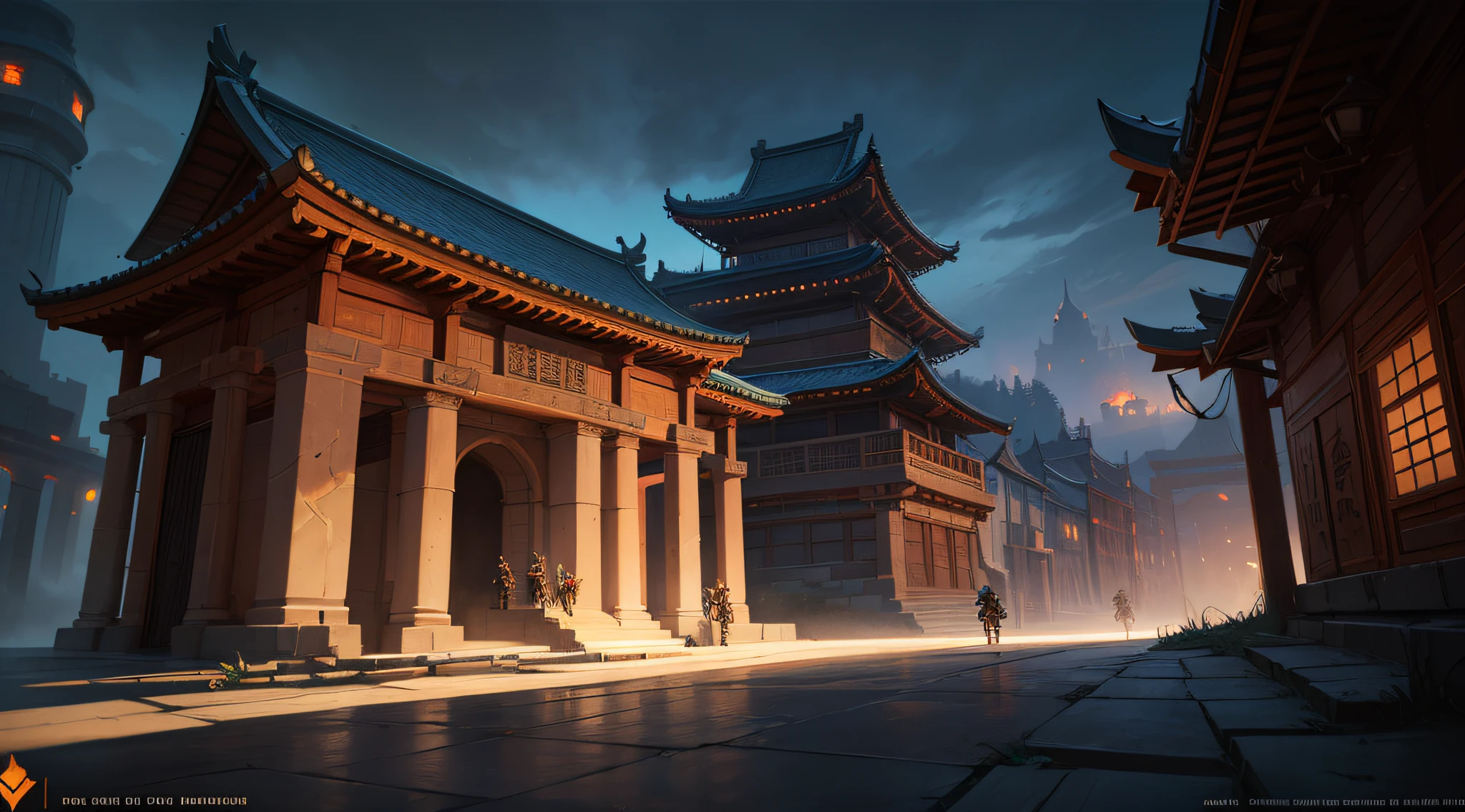 Close-up of ancient Chinese city gate, empty field under the city gate, soldiers full of ground are attacking the city, low building, night, dark tone, large perspective, looking up, super large wide angle, fist game concept art, Rossdraws global lighting, Ross Tran. Landscape background, painting concept art, Ross Tran and Bayard Wu, painting as game concept art, League of Legends concept art, stylized concept art, Blizzard Hearthstone concept art, Overwatch sojourn, architectural details texture clear, perspective correct, ancient Chinese architecture