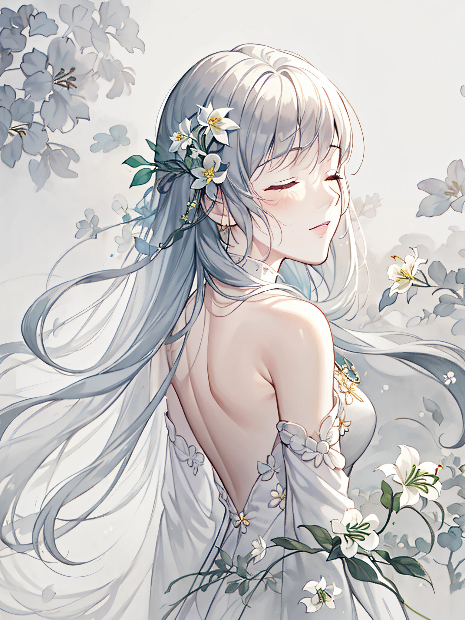 abstract illustration, faint color, low contrast, simple background, white background, beautiful illumination, masterpiece, best quality, beautiful white flower, lily of the valley, 1girl, solo, upper body, back, from the side, look away, close eyes, beautiful face, backless dress, beautiful lighting, white long hair, flower ornaments,