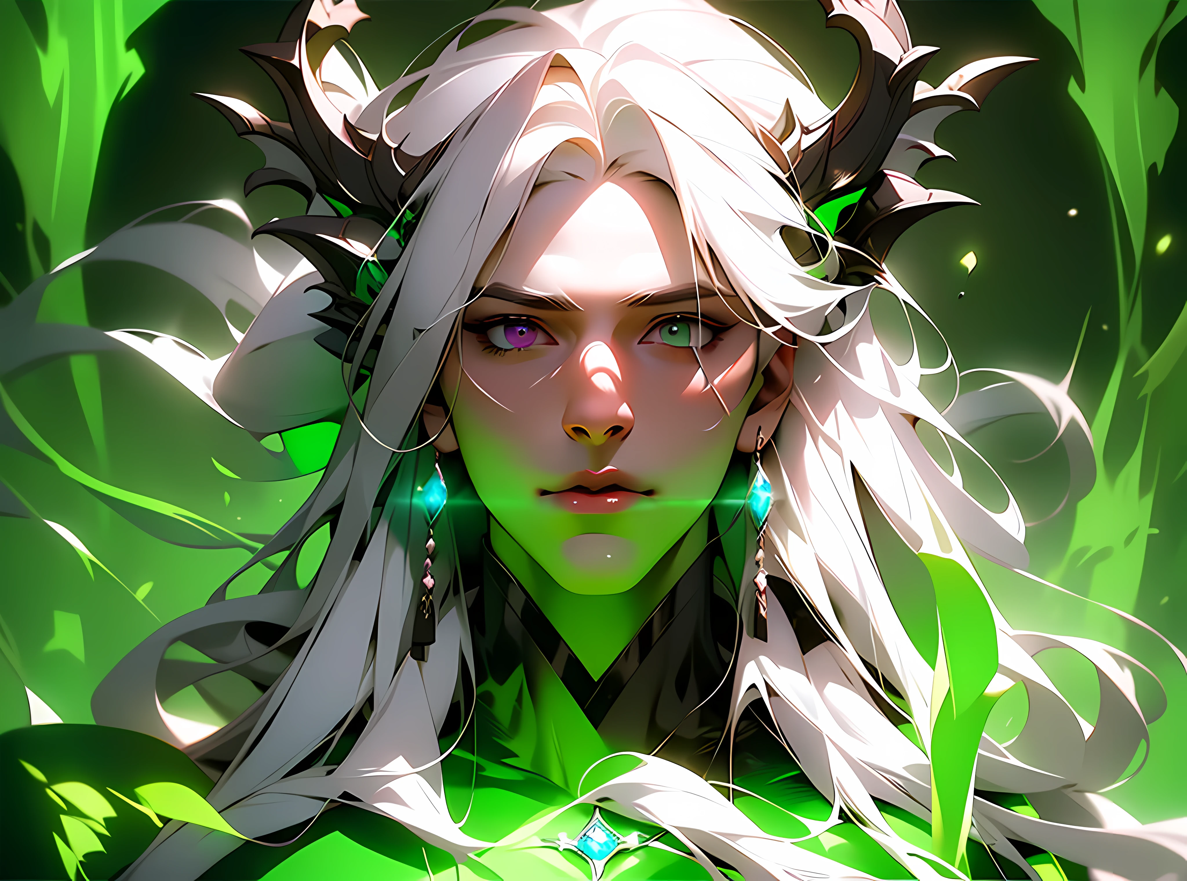 masterpiece, ultra detailed photography of a handsome dragon god, 1guy, (((male))), perfectly drawn face, heterochromic eyes, 8k resolution, photorealistic, ultra-high quality, long hair, long straight white hair, full lips, perfect anatomy, cinematic lighting, intricately detailed, elegant, purple and green tetradic colors, volumetric lighting, hanfu