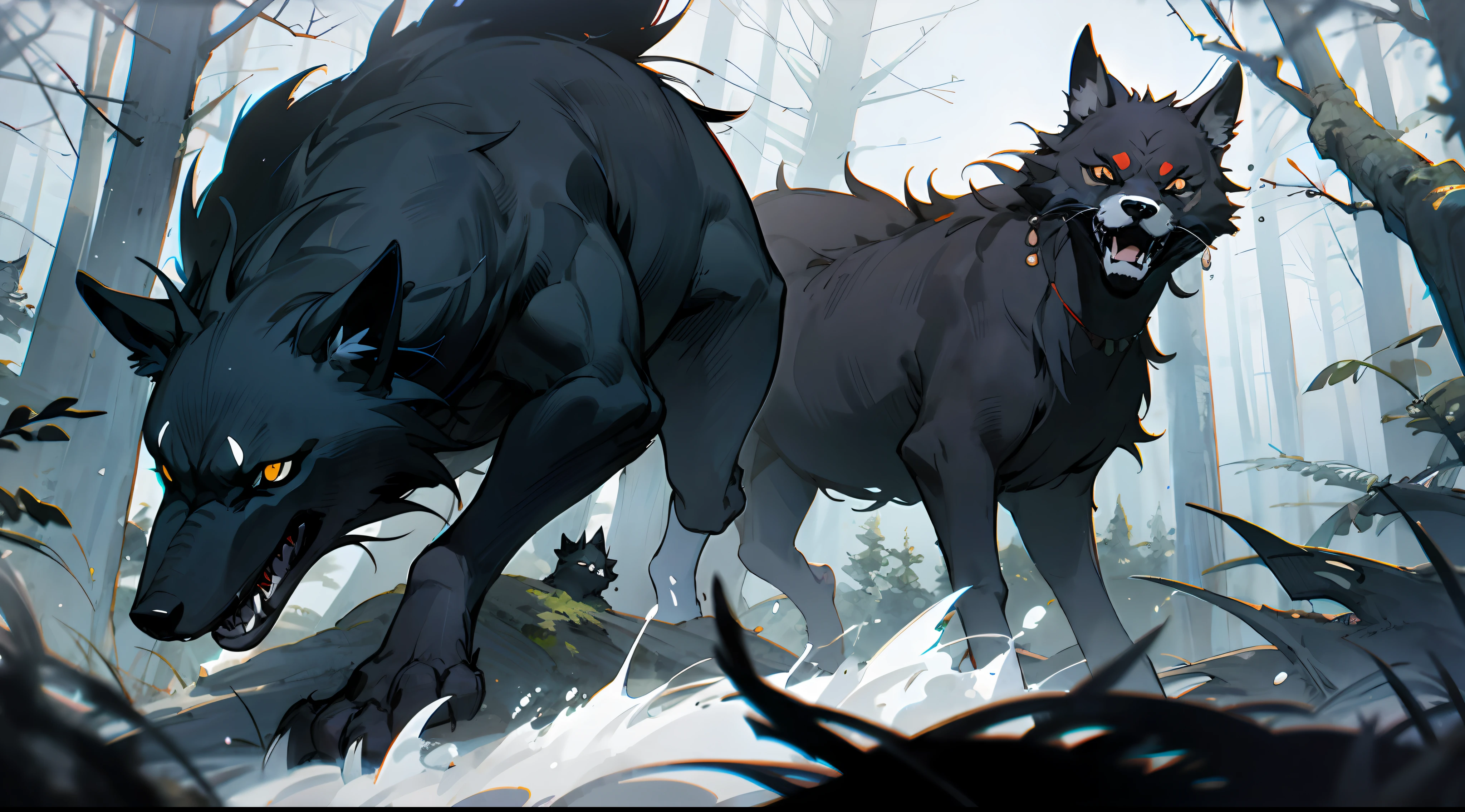 Mononoke hime with black wolves in a dark forest