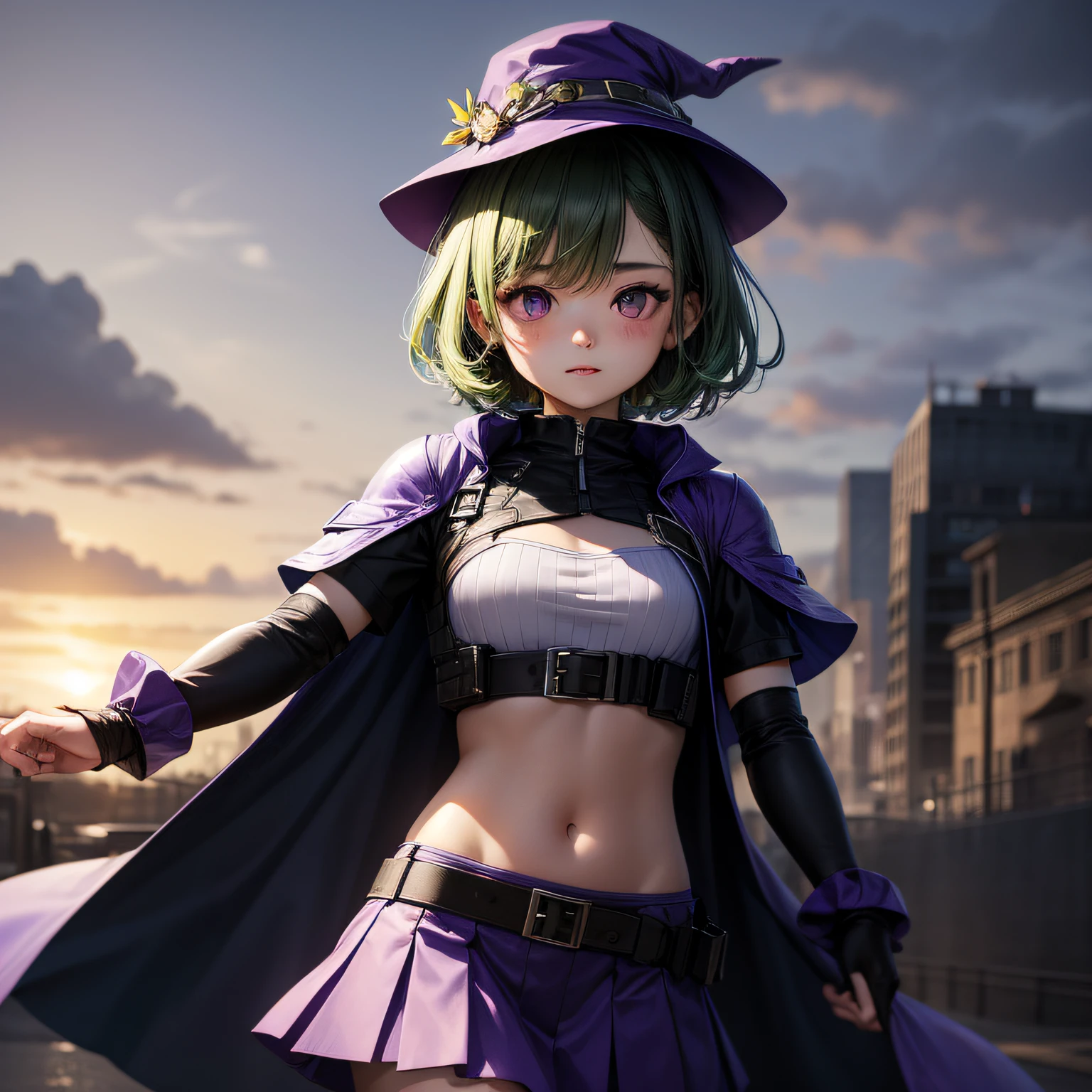 Top quality, very delicate and beautiful, (age girl), purple eyes, green hair, short hair, (purple pointy hat), one, tactical vest, short sleeves, purple skirt, purple wizard robe, navel