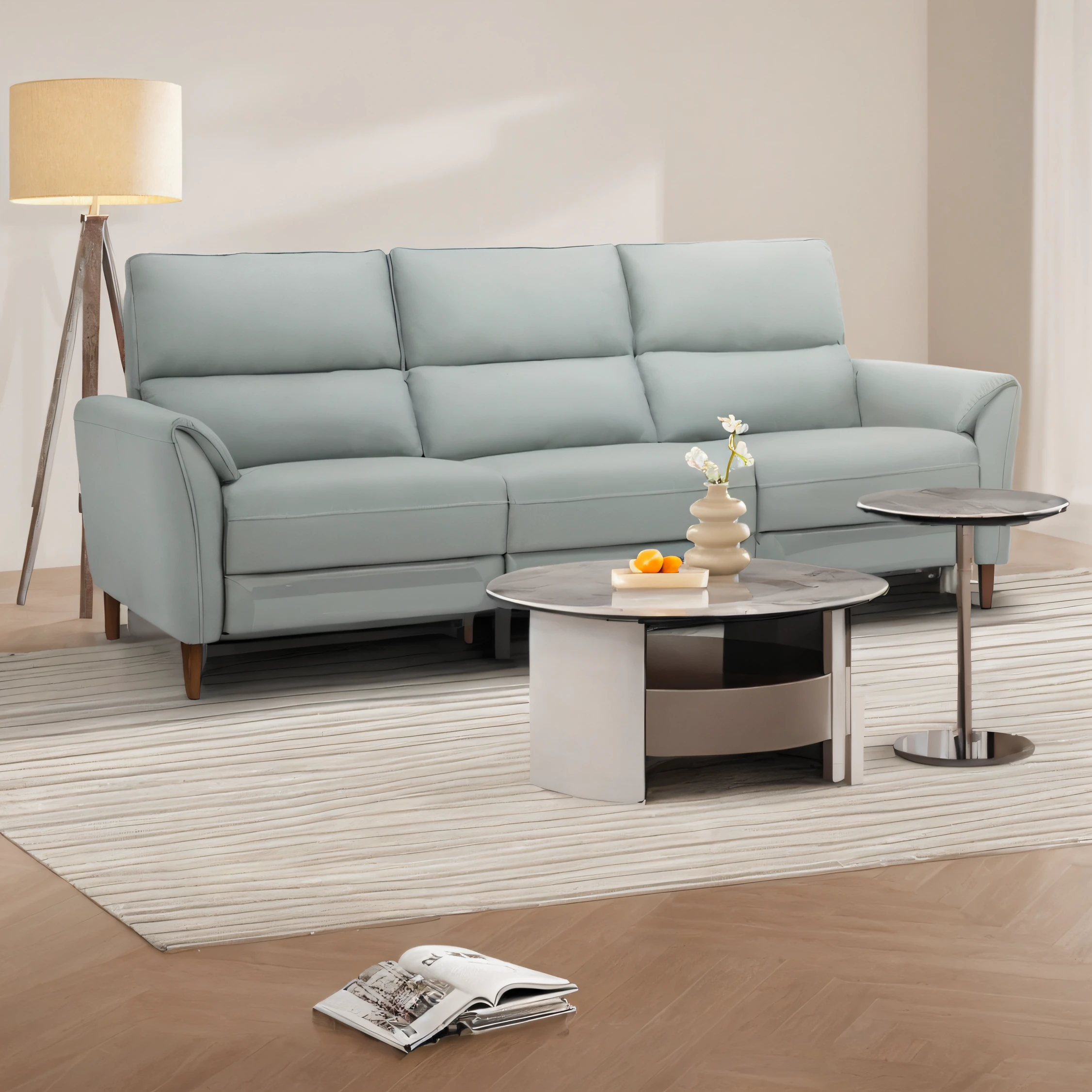 Aalfed sofa and coffee table in living room with light, placed in large living room, list image, sofa, high resolution product photo, placed in living room, landscape full shot, advertising image, sofa, in living room, detailed image, curved furniture, furniture flip, leather sofa, full body wide angle lens, dark teal sofa, just the right light and shadow details, real texture texture