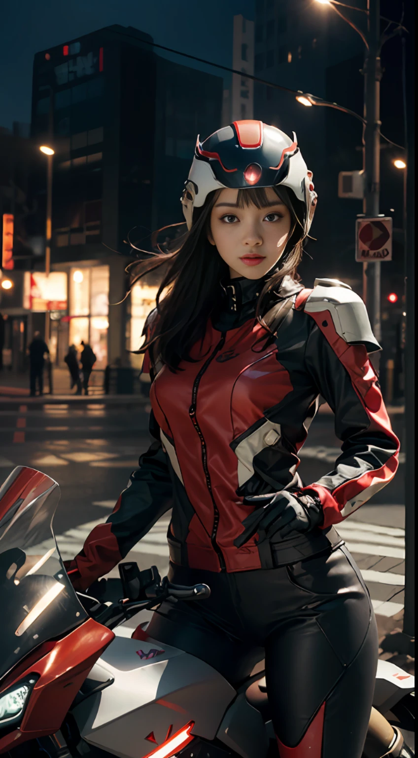 Highest image quality, outstanding details, ultra-high resolution, (realism: 1.4), the best illustration, favor details, highly condensed 1girl, with a delicate and beautiful face, dressed in a black and red mecha, wearing a mecha helmet, holding a direction controller, riding on a motorcycle, the background is a high-tech lighting scene of the future city, refer to the mobile wallpaper, leave space above the picture