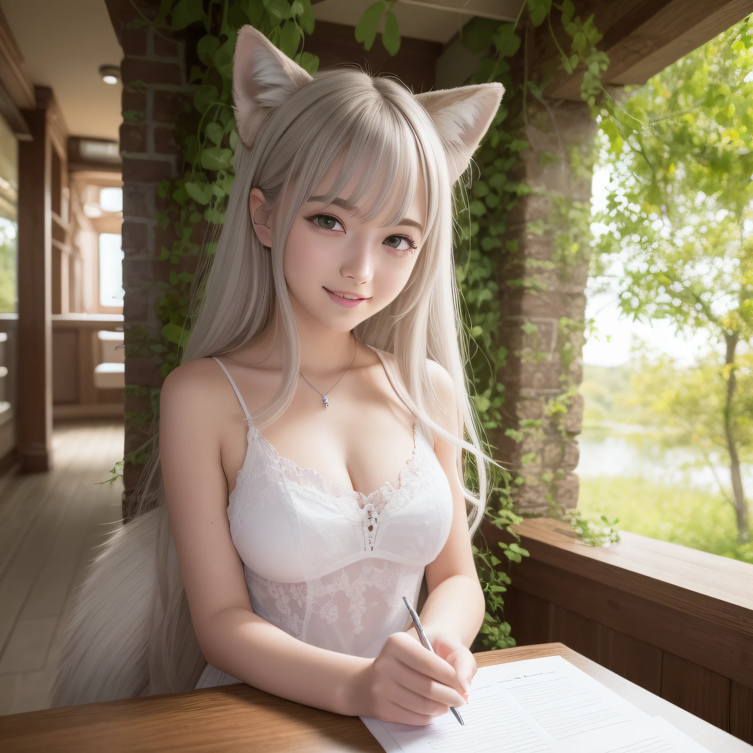 Masterpiece, Superb Quality, Ultra Detailed, Illustration, 1girl,, Valentine's Day, Confession, Silver Hair, Long Hair, Messy Hair, Valentine's Day, Valentine's Day, Wolf Girl, Wolf Ears, Wolf Tail, Pink Eyes, Smile, Shyness --auto