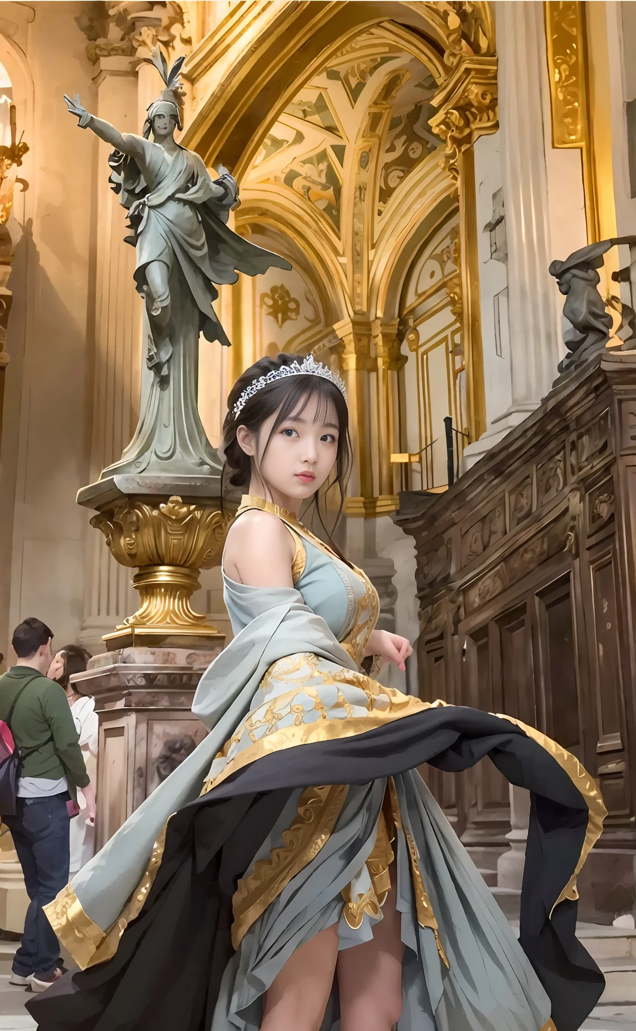 Model shooting style, (extremely detailed CG Unity 8k wallpaper), full-shot body photo of the most beautiful artwork in the world, stunning beautiful photo realistic available, super realistic super detailed photo, a beautiful girl as a female dancer entering the Loggia dei Lanzi of Florence,complex dress, banquet, crowd, [slight smile], (Sculpture of Hercules background), (princess eyes, shining pupils), detailed symmetrical beautiful hazel eyes, detailed gorgeous face, highly detailed, Vibrant, professional majestic oil painting by Ed Blinkey, Atey Ghailan, Studio Ghibli, Jeremy Mann, Greg Manchess, Antonio Moro, ArtStation Trends, CGSociety Trends, Complex, High Detail, Sharp Focus, Dramatic, Realistic Painting Art, by Midjourney and Greg Written by Rutkowski