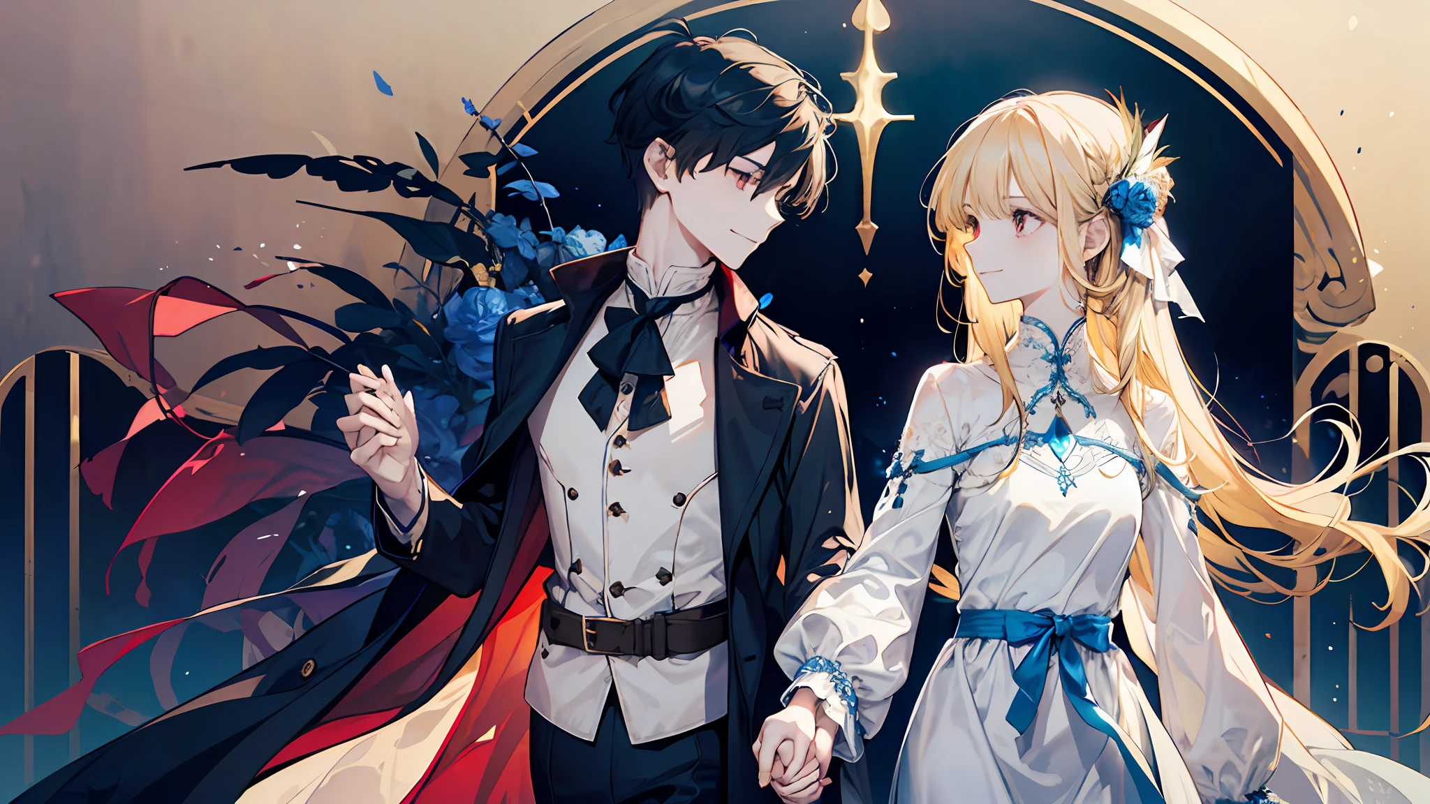 (a girl beautiful otherworldly elegant long blonde hair simple dress white blue long dress), (a boy red eyes short hair black hair black trench coat smile), (holding hands), (western medieval town), square, extreme details,