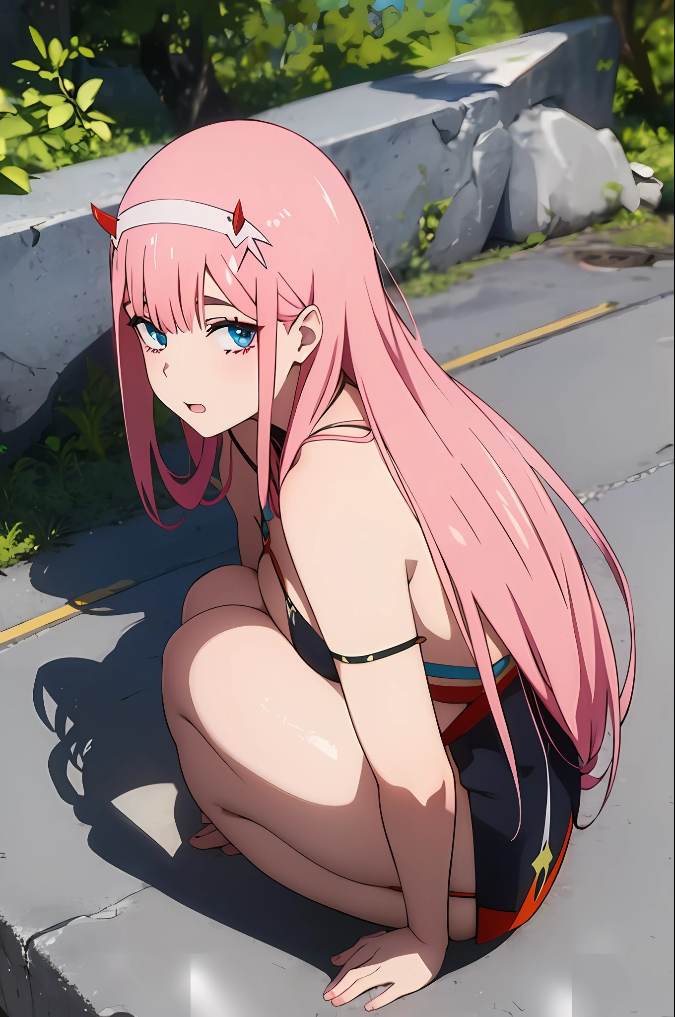 zero two \(darling in the franxx\), nsfw, cabelo rosa, cabelo longo, micro bikini fio dental tying apertado, calcinha de lado, squatting, (pele brilhante:1.2), looking at viewer, pov from above