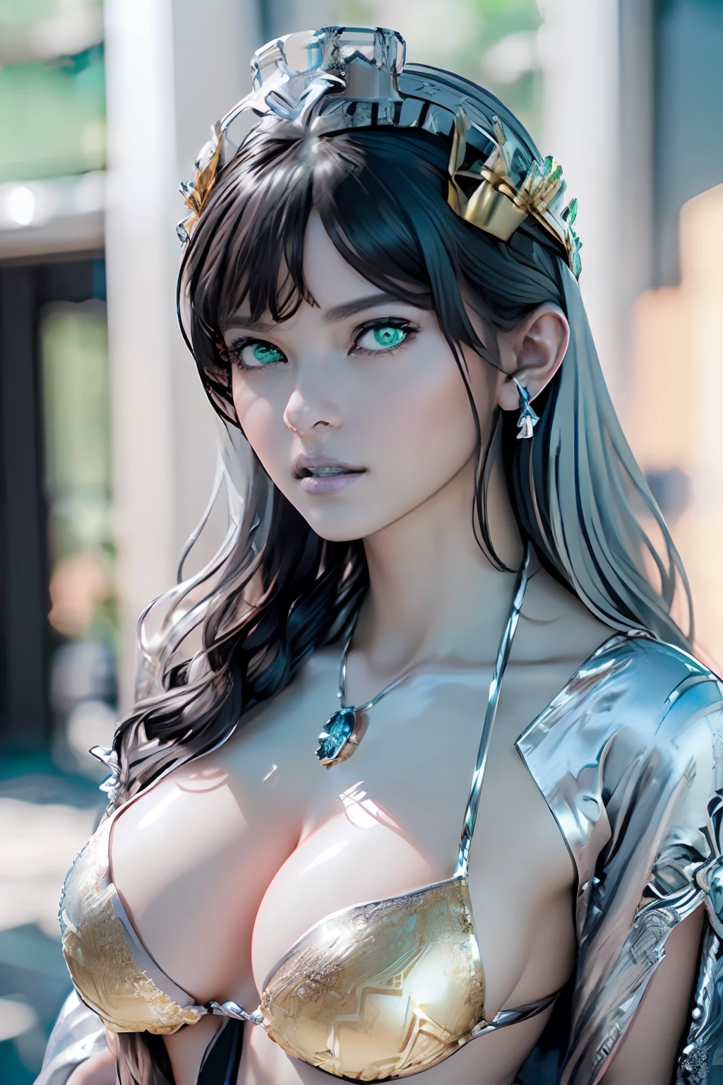 Ultra-detailed complex 3D rendering of the face, (masterpiece, top quality, octane rendering,), glamour shots, full body image, very beautiful young elves, cleavage, (highly detailed skin: 1.2), (exposure: 1.1), (((((gold micro bikini: 1.95)))). 40k, (((very soft breasts)), (((conspicuous large pink areola)), beautiful Caucasian woman with full soft breasts and white skin with big buttocks, one, long braided hair, big breasts, dynamic angle, (((huge breasts: 2.4)), ultra-realistic photo, (((((black hair)))), futuristic urban background, facial muscles, (((((detailed and glamorous silver crown)))), In the style of Marvel Comics, ArtStation Trends, Clear Focus, Intricate Detail, Very Detailed, Detailed Green Eyes, Very Detailed, Sharp Focus, Digital Rendering, Professional, Abs, Lip Gloss, Glossy Skin, Sexy Pose, Shot with Canon EOS R 6,