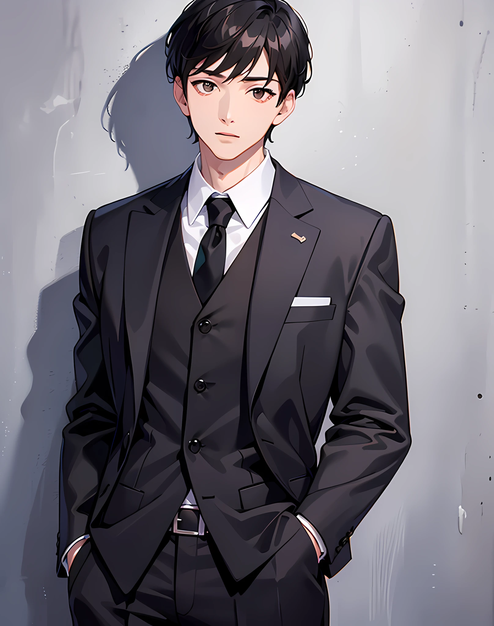 ((best quality, Masterpiece)) 1 man, adult man, arms down, waist up shot, black suit and tie, short black hair, brown eyes, pale skin, plain white background, waist up