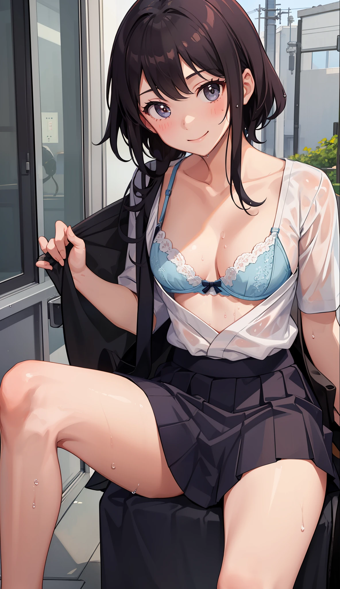 1 girl, smile, shirt, skirt, (small) chiralism, Japan high school school uniform, seravuk, summer clothes, squall-wet uniform, sheer bra, (portrait from knee up),
