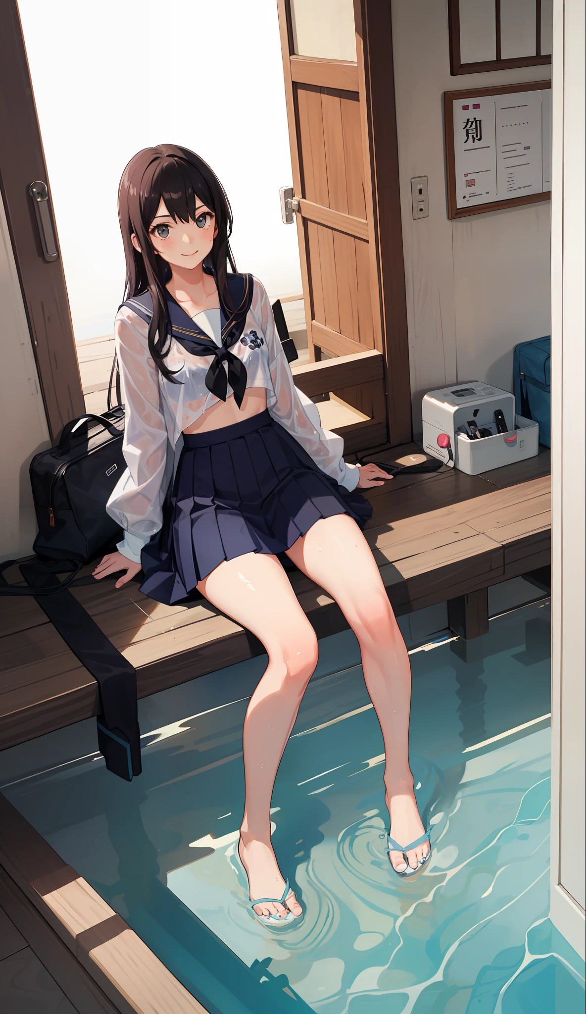 1 girl, smile, shirt, skirt, (small) chiralism, Japan high school school uniform, seravuk, summer clothes, squall-wet uniform, sheer bra, (portrait from knee up),
