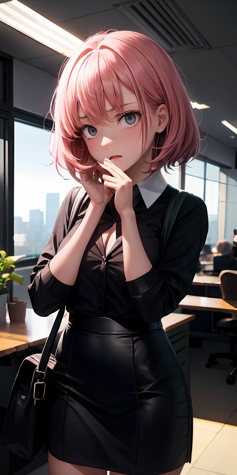 1 girl, short pink hair, small satchel, hands covering mouth, frightened expression, (office wear: 1.5), Japanese anime style, dark in the room, D-cup, collared long-sleeved shirt, hip skirt