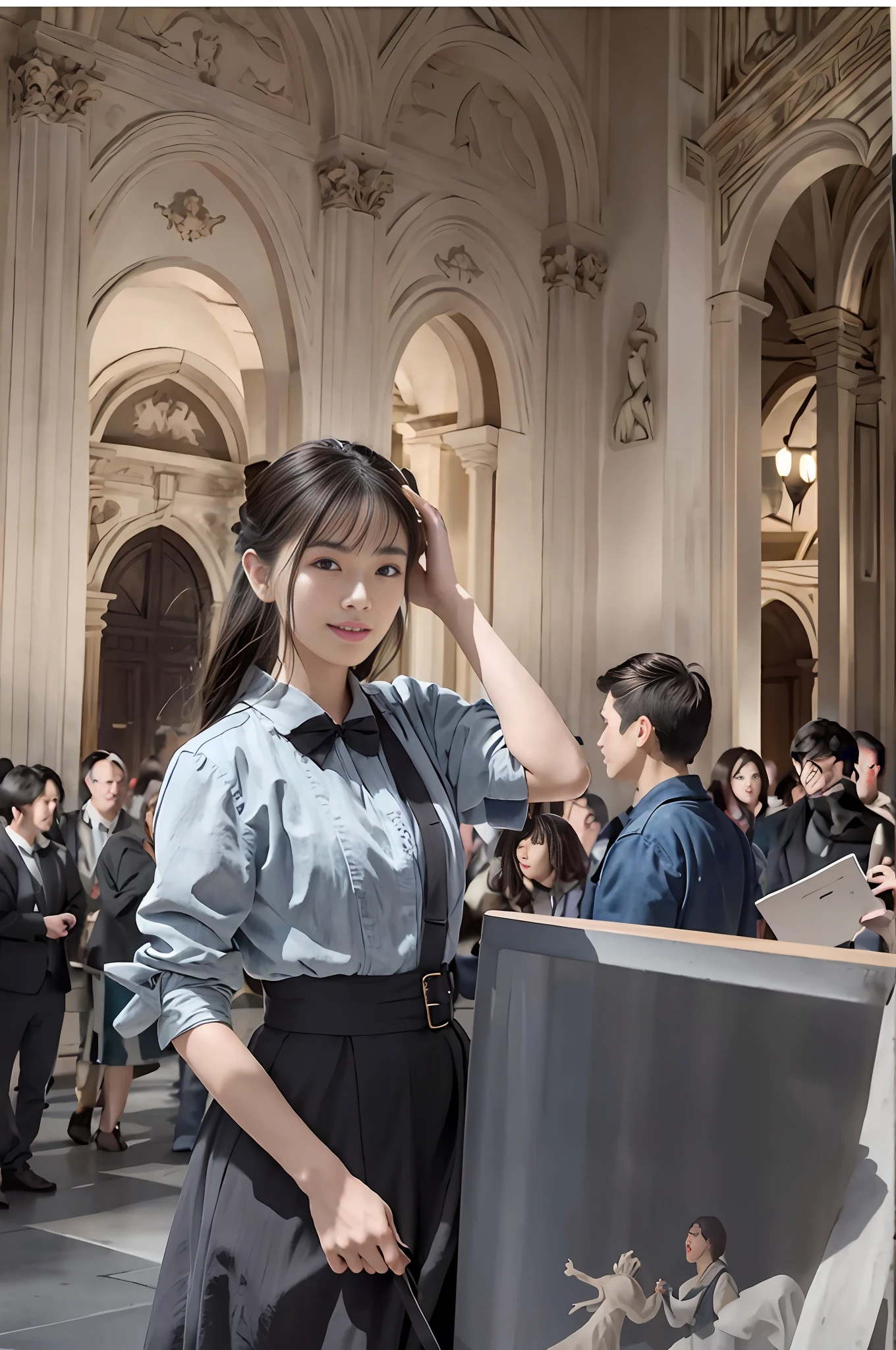 Model shooting style, (extremely detailed CG Unity 8k wallpaper), full-shot body photo of the most beautiful artwork in the world, stunning beautiful photo realistic available, super realistic super detailed photo, a beautiful girl as a female dancer entering the Loggia dei Lanzi of Florence,complex dress, banquet, crowd, [slight smile], (Sculpture of Hercules background), (princess eyes, shining pupils), detailed symmetrical beautiful hazel eyes, detailed gorgeous face, highly detailed, Vibrant, professional majestic oil painting by Ed Blinkey, Atey Ghailan, Studio Ghibli, Jeremy Mann, Greg Manchess, Antonio Moro, ArtStation Trends, CGSociety Trends, Complex, High Detail, Sharp Focus, Dramatic, Realistic Painting Art, by Midjourney and Greg Written by Rutkowski