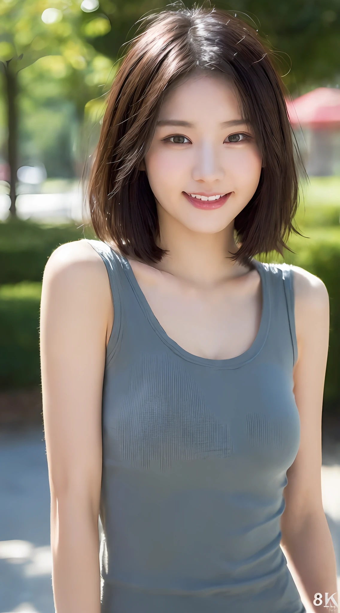 ((Top Quality, 8k, Masterpiece: 1.3)), Sharp Focus: 1.2, Perfect Body Shape Pretty Woman, Slender, Short Hair, Black Hair, Small, White Sleeveless Shirt, Very Detailed Face and Skin Texture, Detailed Eyes, Double Eyelids, Smile, White Shirt