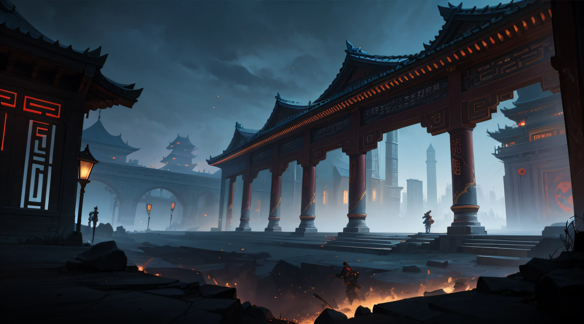 Close-up of ancient Chinese city gate, empty field under the city gate, soldiers full of ground are attacking the city, low building, night, dark tone, large perspective, looking up, super large wide angle, fist game concept art, Rossdraws global lighting, Ross Tran. Landscape background, painting concept art, Ross Tran and Bayard Wu, painting as game concept art, League of Legends concept art, stylized concept art, Blizzard Hearthstone concept art, Overwatch sojourn, architectural details texture clear, perspective correct, ancient Chinese architecture, distant mountains, Chinese architecture in the distance