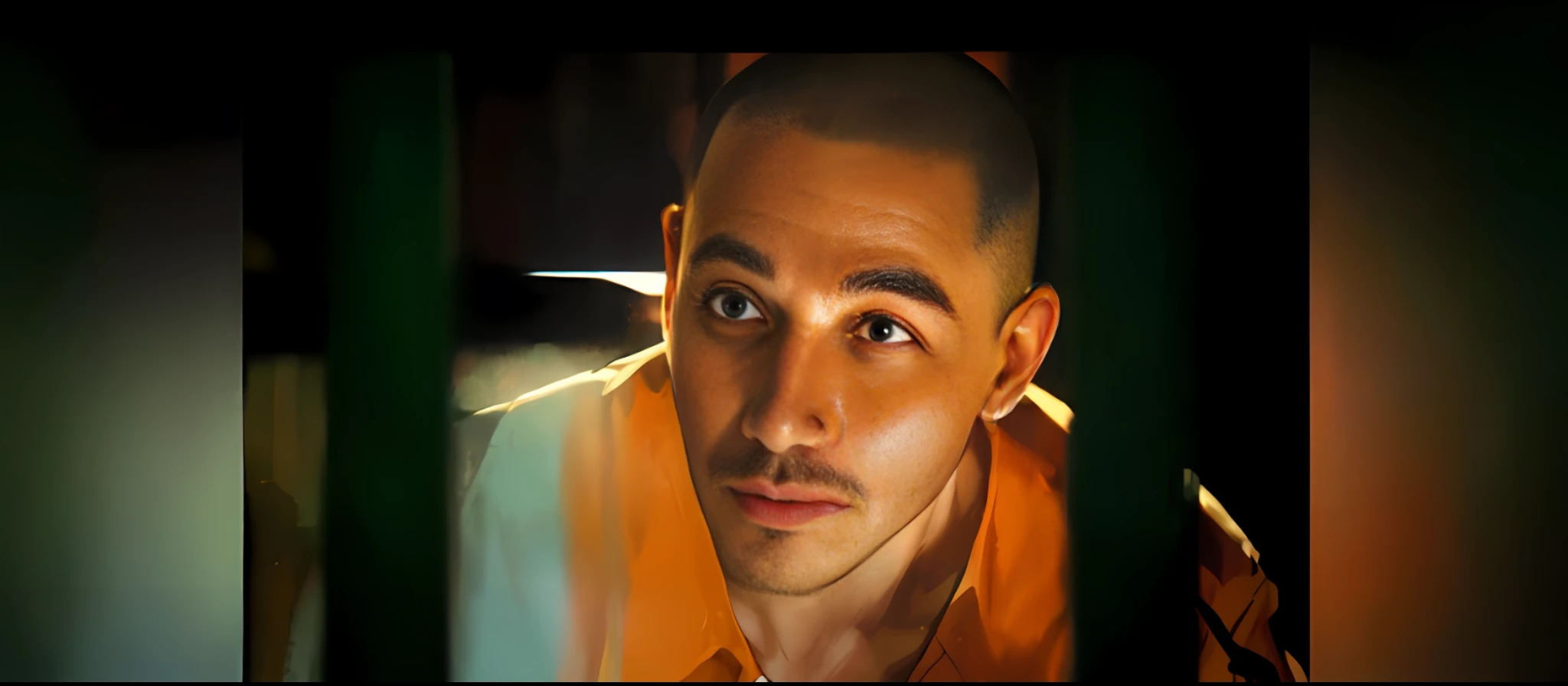 There is a man looking through barred windows, dim room, yellow prisoner uniform, very short hair, bald head, prisoner, vicissitudes of beard, dull eyes, black pupils, close-up of movie scenes, highlight scenes of movies, full-color stills, handsome chin, high quality, cinematic grade, TV still frames, 4K shooting, anime style