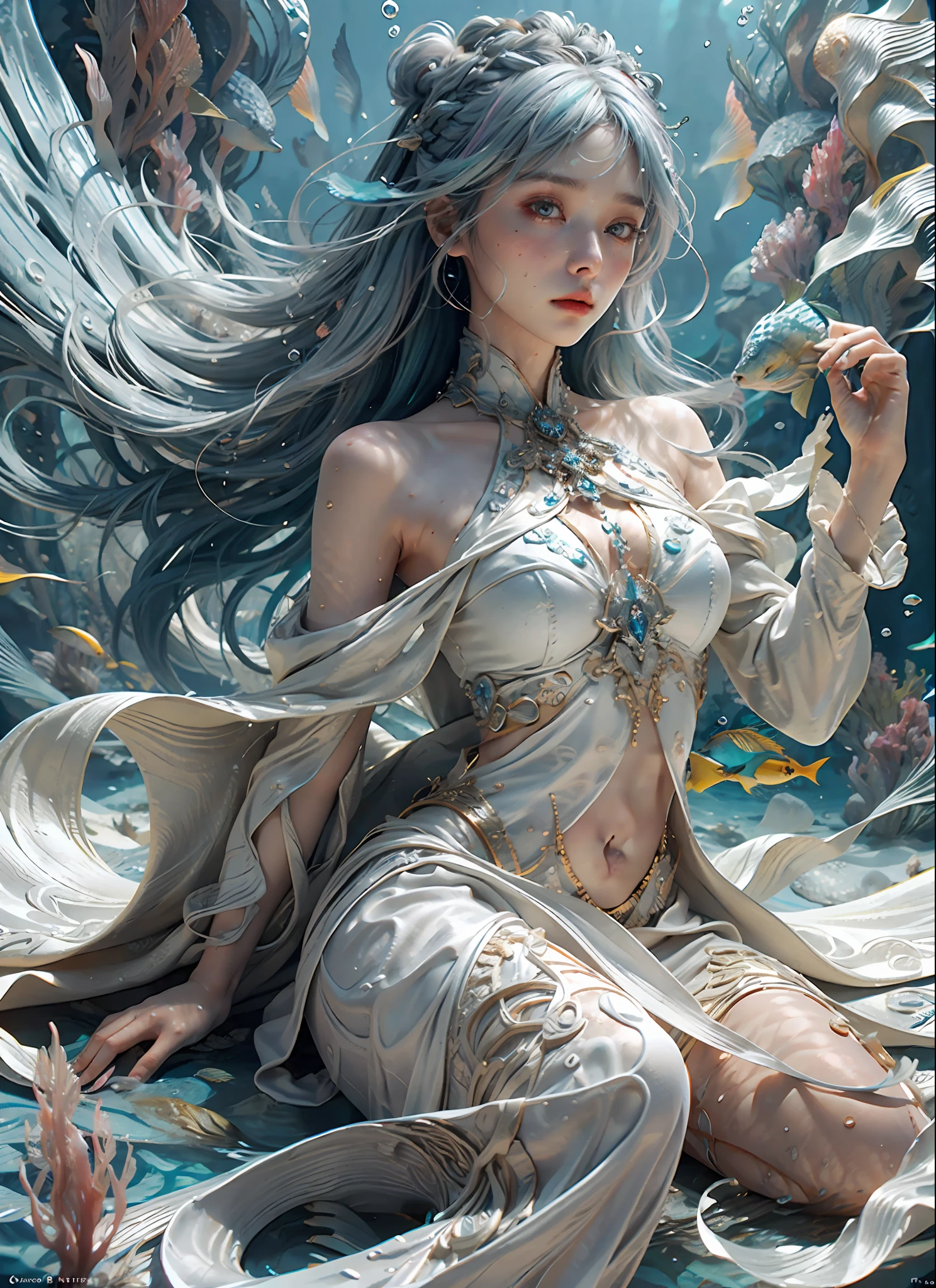 girl, 18 years old, small breast, wearing white dress, Flowing robes, detailed dress ornament, flowing hair, glowing hair, hair ornament, light on face, intricate magical circles, glowing runes, shimmering aura, intense focus, arcane incantations, crackling energy, levitating artifacts, ethereal staff, swirling mist, sparkling motes, mystical crystals, glowing sigils, intricate hand movements, otherworldly chanting, mysterious symbols, powerful invocation, transcendent awareness, phoenix dress, (underwater:1.8), (white dress, Iridescent rainbow hair:1.55), (((water bubbles, colorful fish, beautiful coral life))), (detailed fabric, detailed ornament:1.4), fantasy, Haircut model by Side braid, possed is Lying down pose, sharp green, shooting angle is Rim lighting shot, time is Rim Light, BREAK hyper realistic, intricate design, insanely detailed, extremely fine details, Extremely sharp lines, cinematic lighting, Photo realistic, a detailed painting by Esao Andrews and Anton Fadeev, Raw photo, high detailed, 8k, UHD, dslr, softlighting, HDR, warm light, high quality, film grain, fujifilm XT3, photorealistic, masterpiece, best quality, hyper-detailed, 8K, warm lighting, soft lighting, masterpiece, best quality, detailed, highest quality, ultra detailed, highres, cinematic light, splendid and colorful, out of focus, RAW photograph, art portrait, absurdres, high contrast, colorful, highest details,