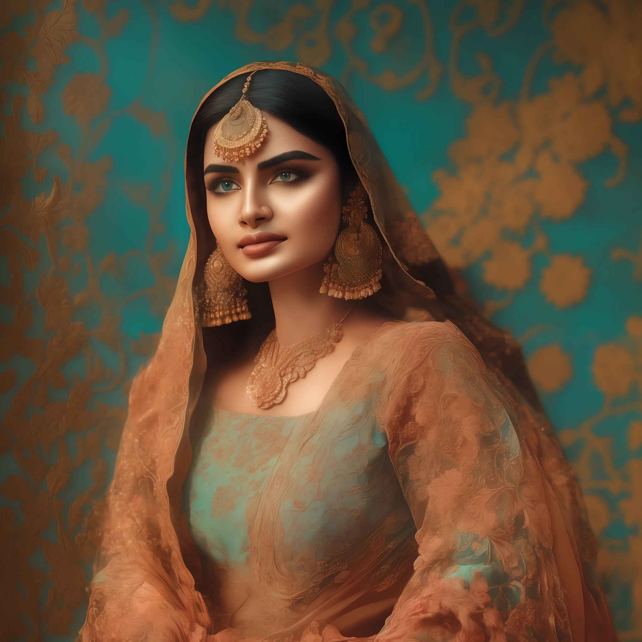 Indian Bollywood actress in the style of Alexandr Averin, dreamy, dark cyan and red, i can't believe how beautiful this is, serene atmosphere, ethereal light, epic realistic, illustrated by herg, style of Alois Arnegger, pen and ink,art by greg rutkowski and artgerm, soft cinematic light,hdr, intricate, highly detailed, (depth of field:1.4), faded, (neutral colors:1.2), (hdr:1.4), (muted colors:1.2), hyperdetailed, (artstation:1.4), cinematic, warm lights, dramatic light, (intricate details:1.1), complex background, (rutkowski:0.66), (teal and orange:0.4), (intricate details:1.12), hdr, (intricate details, hyperdetailed:1.15) (skin texture:1.2)