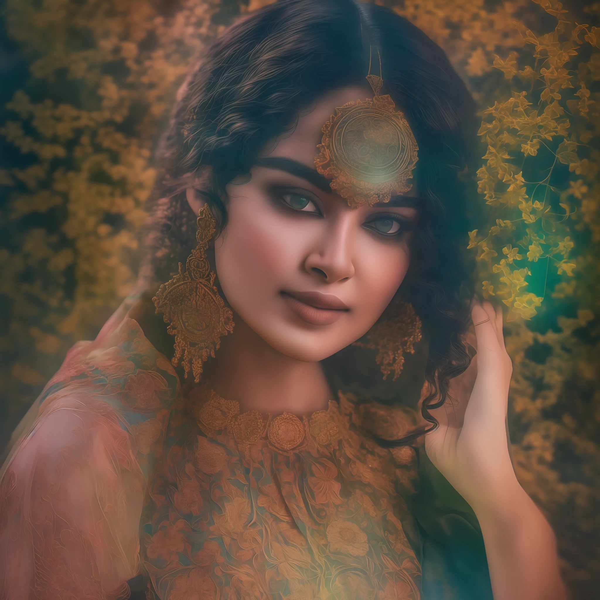 Indian Bollywood actress in the style of Alexandr Averin, dreamy, dark cyan and red, i can't believe how beautiful this is, serene atmosphere, ethereal light, epic realistic, illustrated by herg, style of Alois Arnegger, pen and ink,art by greg rutkowski and artgerm, soft cinematic light,hdr, intricate, highly detailed, (depth of field:1.4), faded, (neutral colors:1.2), (hdr:1.4), (muted colors:1.2), hyperdetailed, (artstation:1.4), cinematic, warm lights, dramatic light, (intricate details:1.1), complex background, (rutkowski:0.66), (teal and orange:0.4), (intricate details:1.12), hdr, (intricate details, hyperdetailed:1.15) (skin texture:1.2)