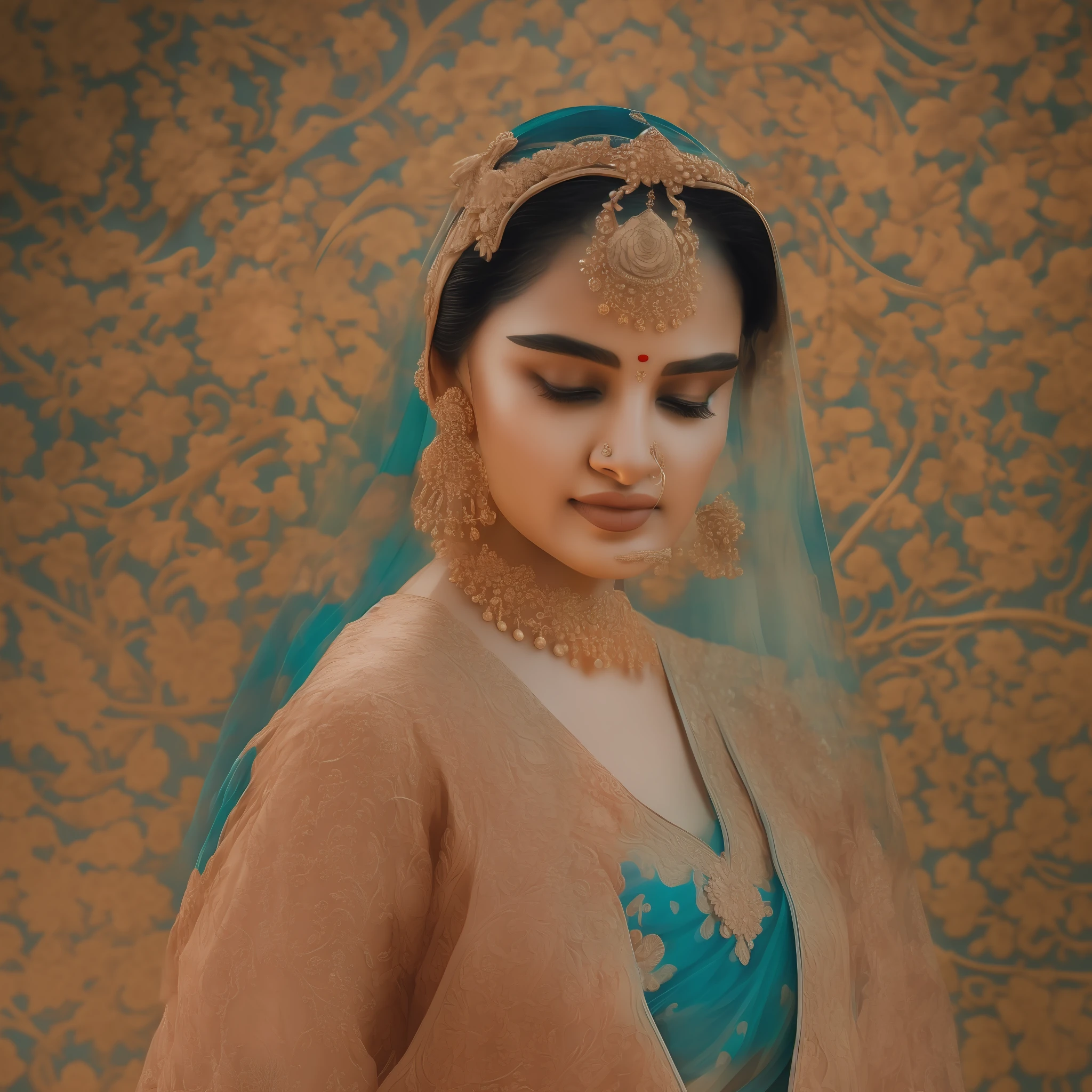 Indian Bollywood actress in the style of Alexandr Averin, dreamy, dark cyan and red, i can't believe how beautiful this is, serene atmosphere, ethereal light, epic realistic, illustrated by herg, style of Alois Arnegger, pen and ink,art by greg rutkowski and artgerm, soft cinematic light,hdr, intricate, highly detailed, (depth of field:1.4), faded, (neutral colors:1.2), (hdr:1.4), (muted colors:1.2), hyperdetailed, (artstation:1.4), cinematic, warm lights, dramatic light, (intricate details:1.1), complex background, (rutkowski:0.66), (teal and orange:0.4), (intricate details:1.12), hdr, (intricate details, hyperdetailed:1.15) (skin texture:1.2)